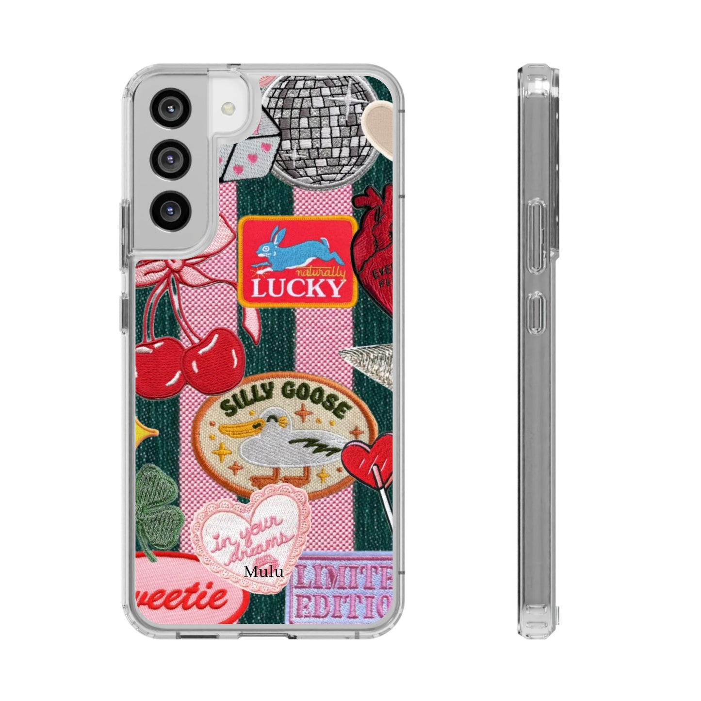 Clear Impact-Resistant Phone Case — Retro Patchwork Stickers (Lucky, Cherries, Silly Goose)