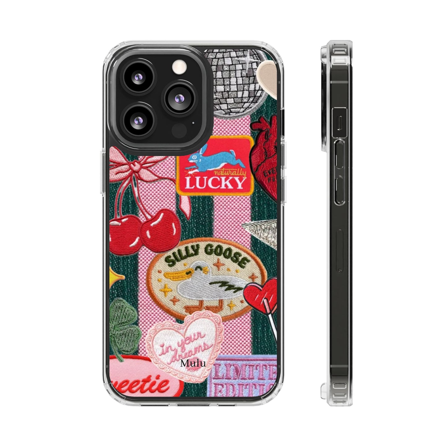 Clear Impact-Resistant Phone Case — Retro Patchwork Stickers (Lucky, Cherries, Silly Goose)