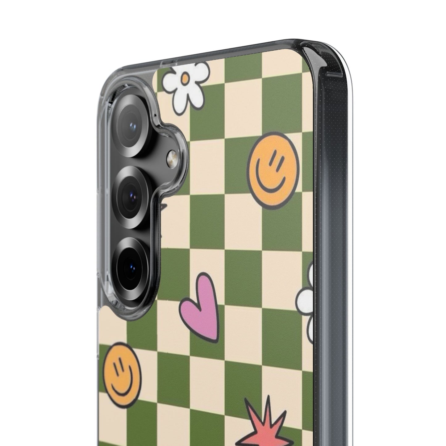 Clear Impact-Resistant Case — Retro Green Checkerboard with Smiley, Hearts & Flowers