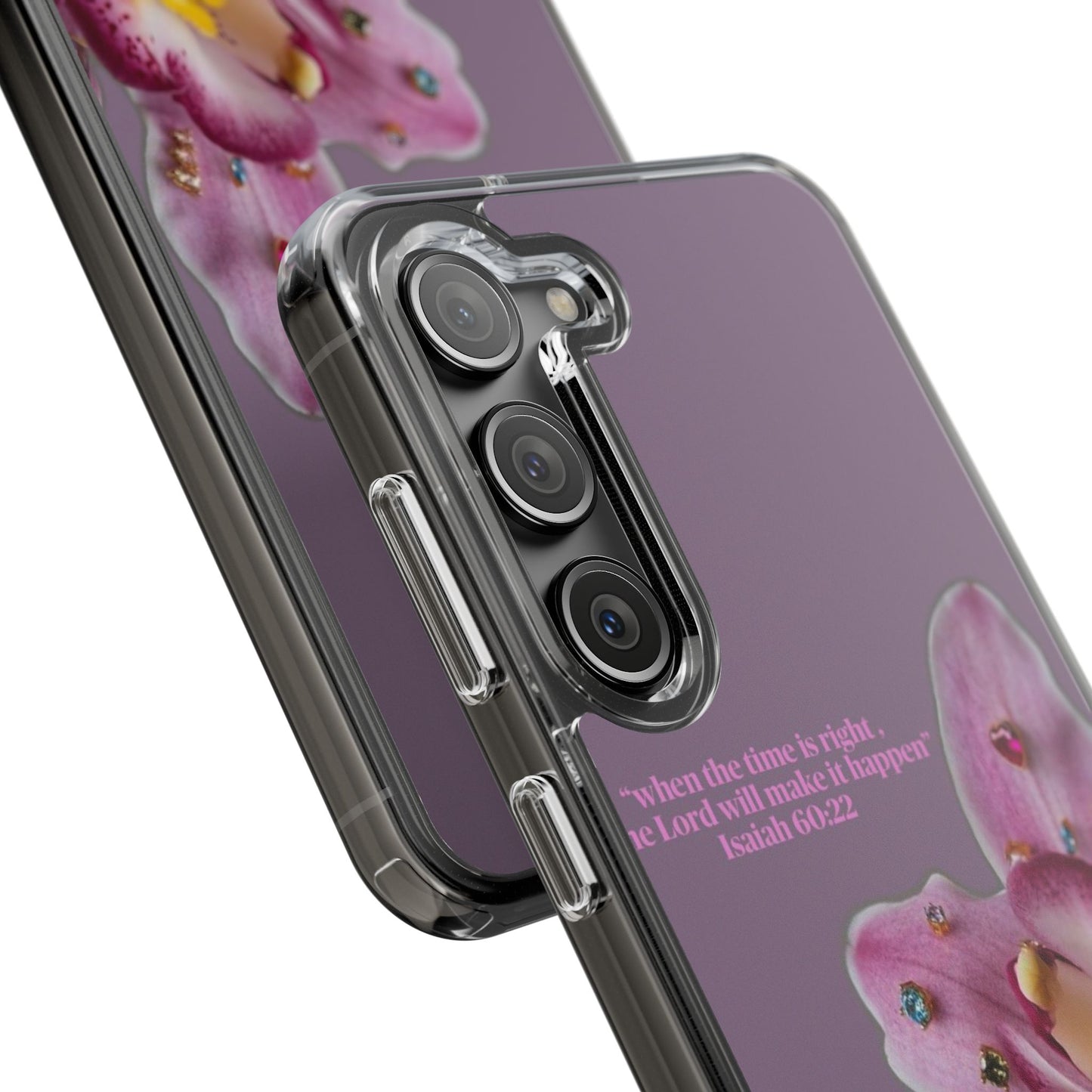 Clear Floral Impact-Resistant Phone Case — "When the time is right" Rose Orchid Design