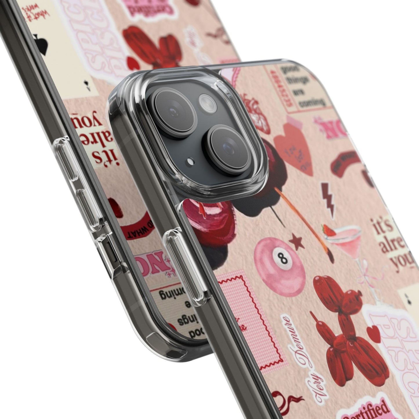 Clear Impact-Resistant Phone Case — Retro Cherry & Sticker Collage