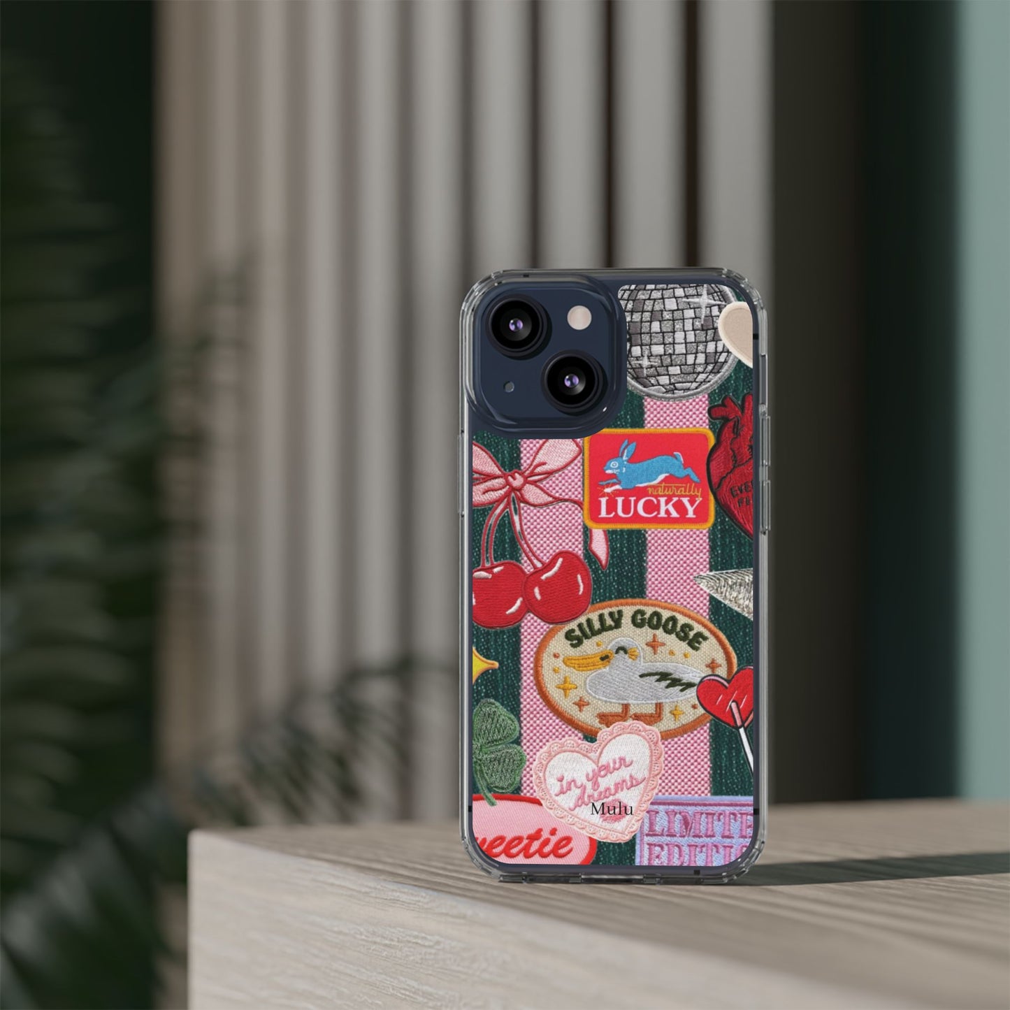 Clear Impact-Resistant Phone Case — Retro Patchwork Stickers (Lucky, Cherries, Silly Goose)