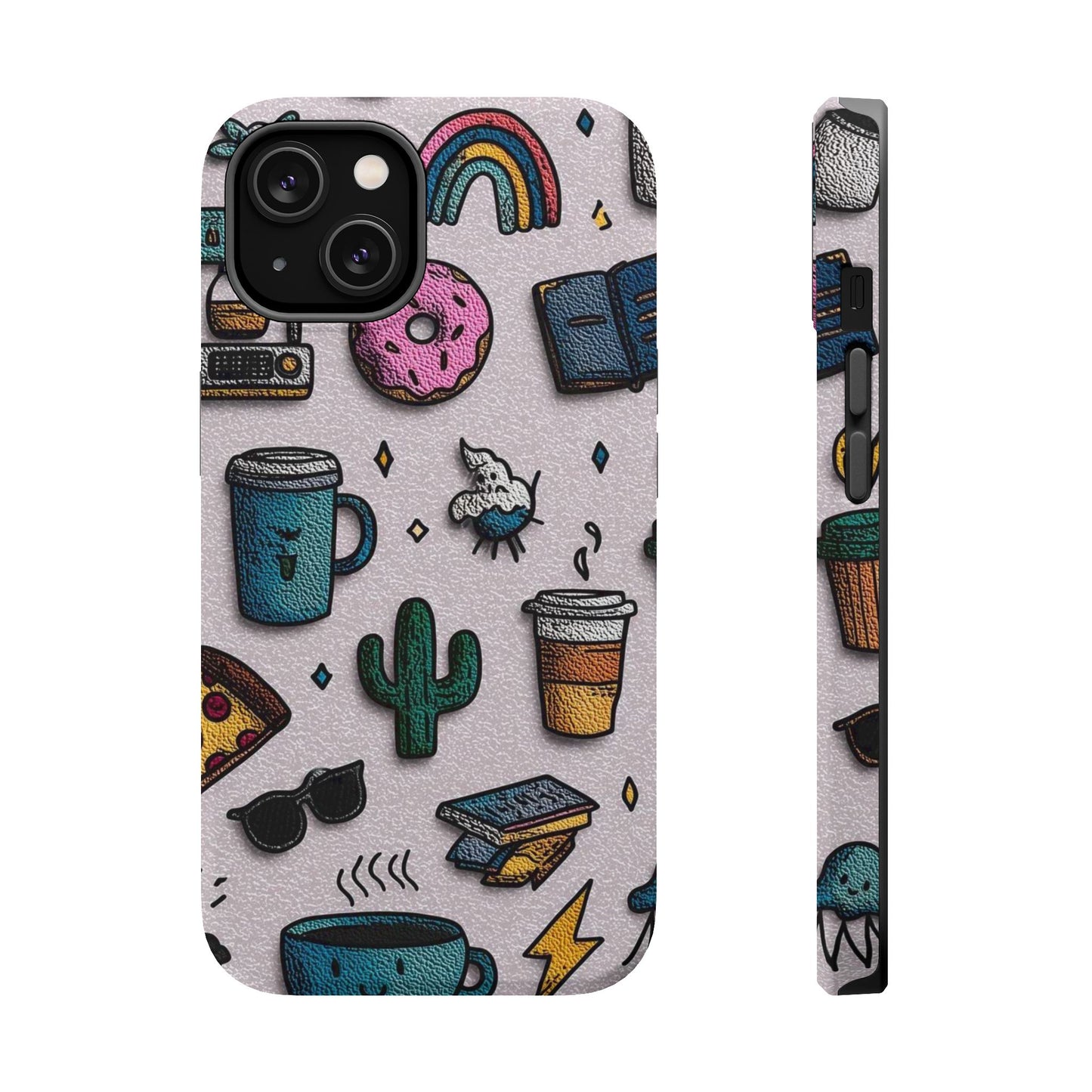 Cute Doodle Phone Case — Magnetic Impact-Resistant Design (coffee, rainbow, cactus)