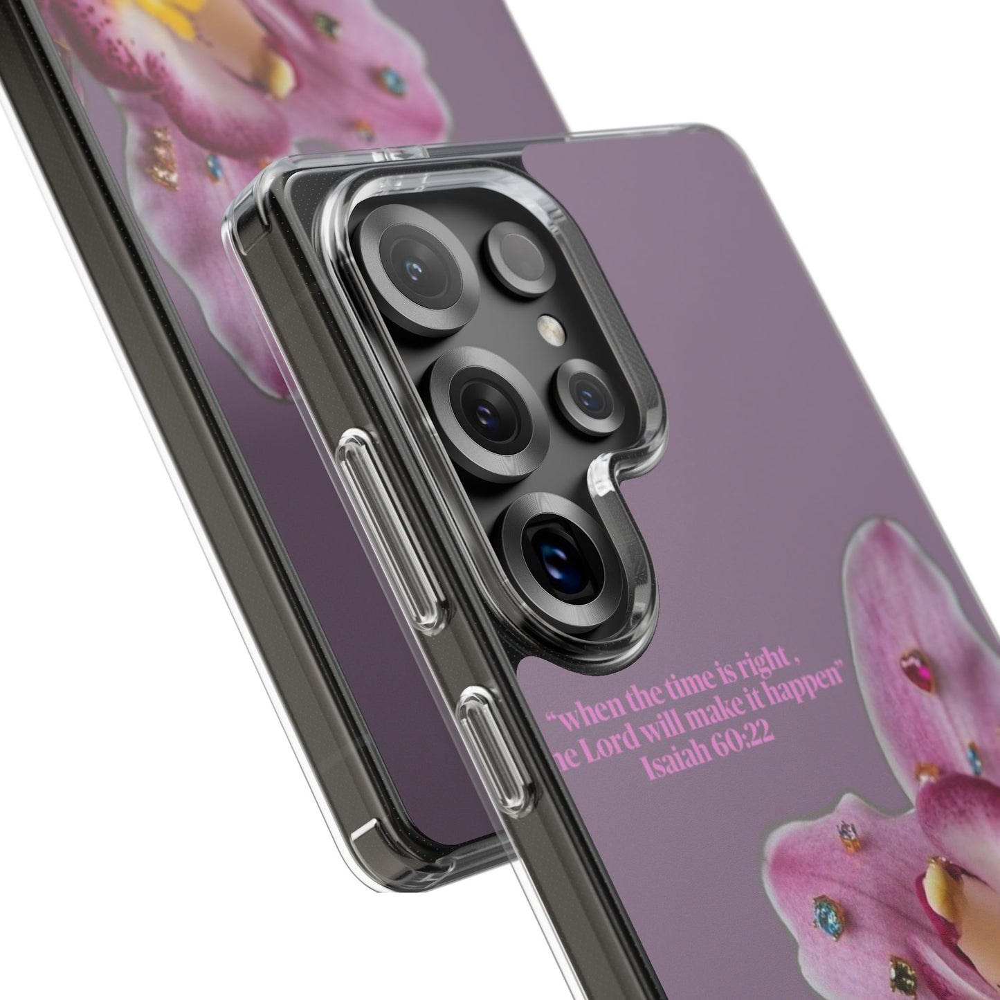 Clear Floral Impact-Resistant Phone Case — "When the time is right" Rose Orchid Design