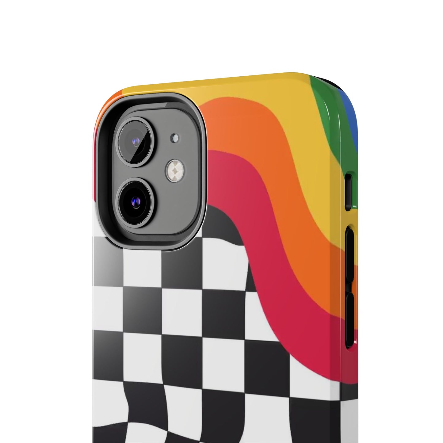 Retro Wavy Checkerboard Tough Phone Case — Rainbow Surf Skate Design