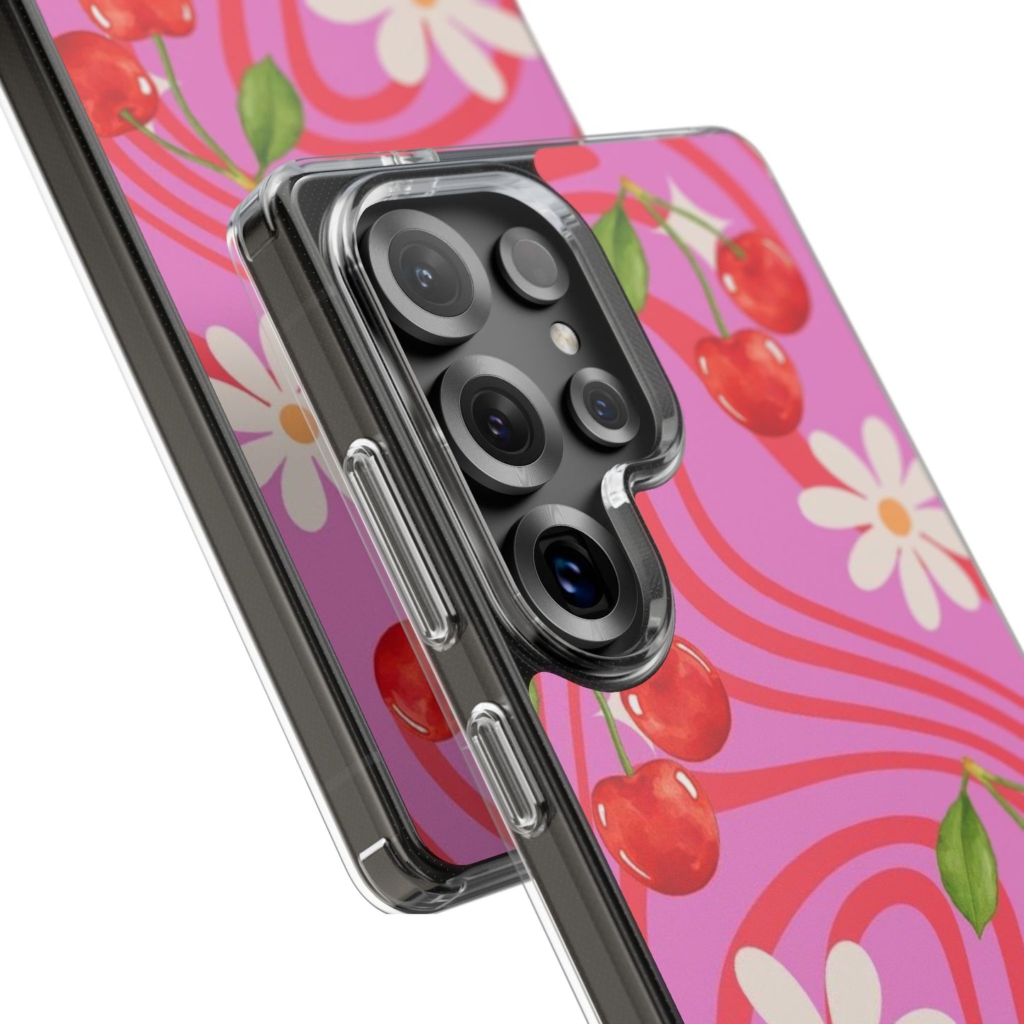 Clear Impact Phone Case — Retro Cherry & Daisy Floral Design