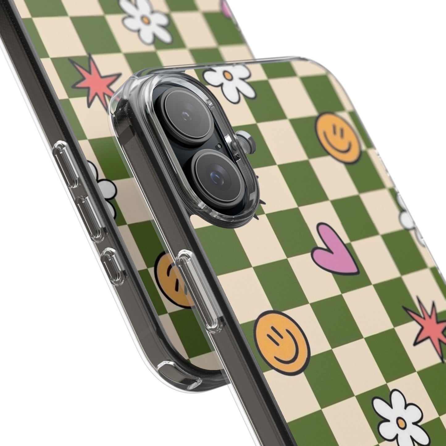 Clear Impact-Resistant Case — Retro Green Checkerboard with Smiley, Hearts & Flowers