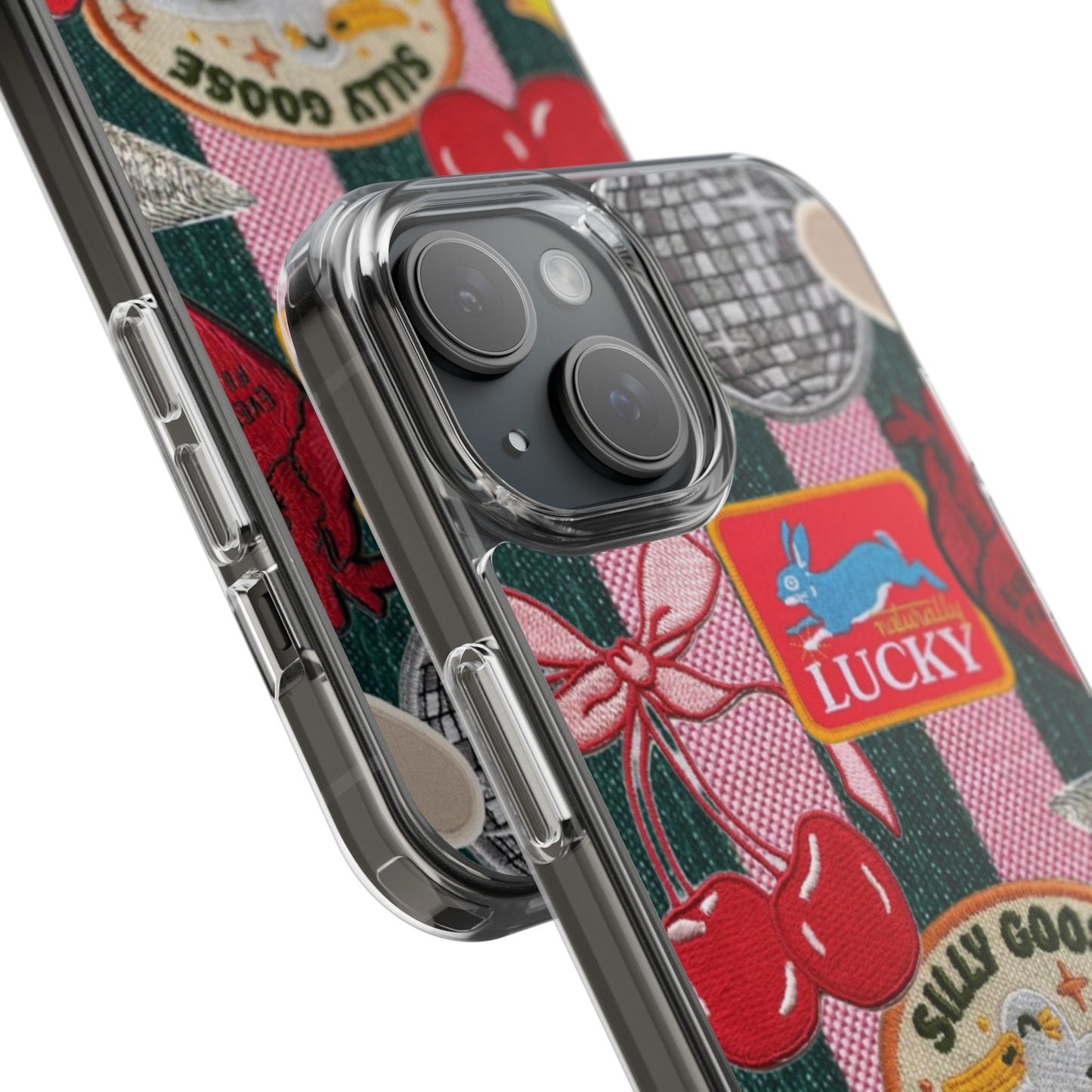 Clear Impact-Resistant Phone Case — Retro Patchwork Stickers (Lucky, Cherries, Silly Goose)