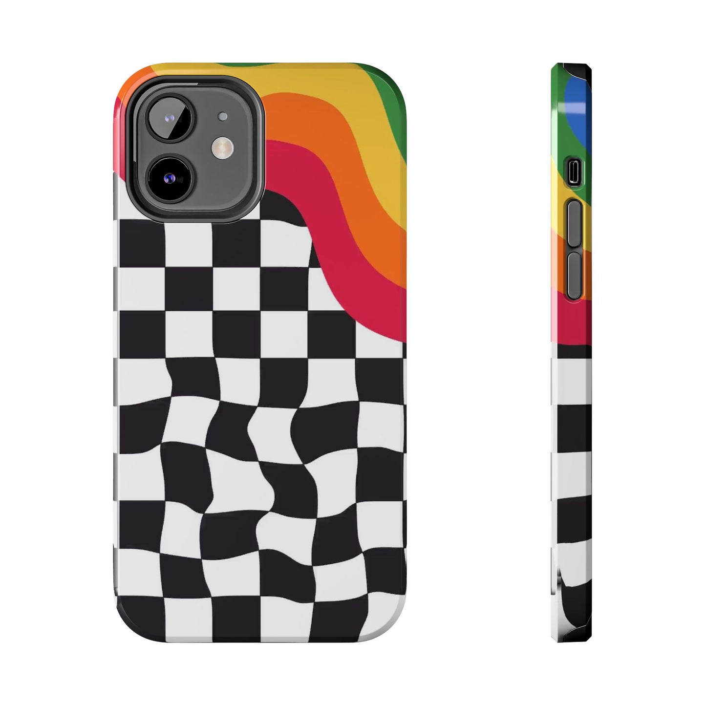 Retro Wavy Checkerboard Tough Phone Case — Rainbow Surf Skate Design
