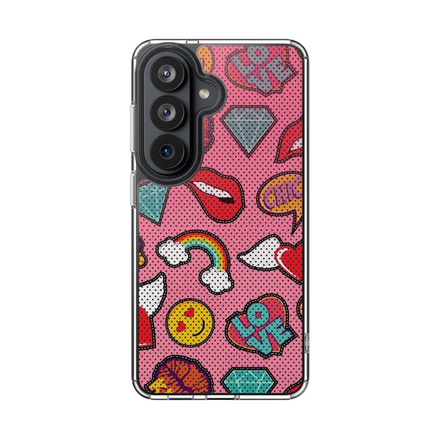 Clear Impact-Resistant Phone Case — Pink Pop Sticker Pattern (Hearts, Rainbows, Smileys)