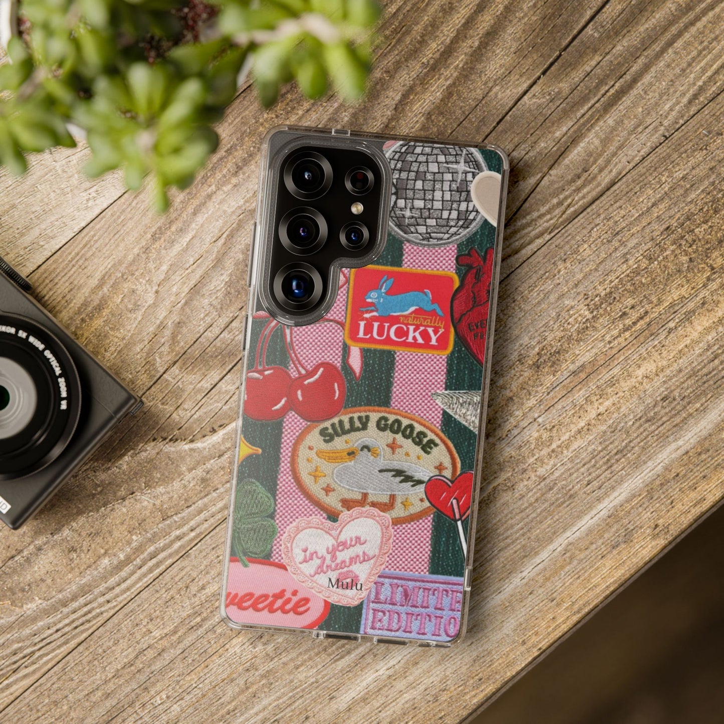 Clear Impact-Resistant Phone Case — Retro Patchwork Stickers (Lucky, Cherries, Silly Goose)