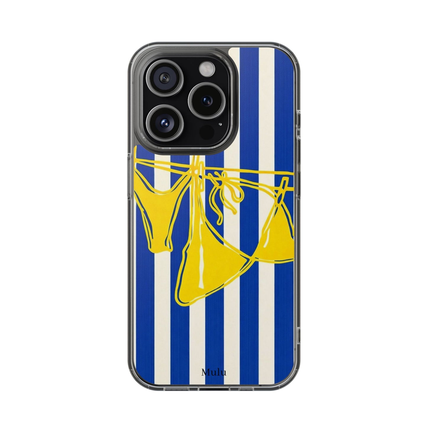 Striped Beach Bikini Phone Case — Yellow Swimwear on Blue & White Stripes, Clear Impact-Resistant