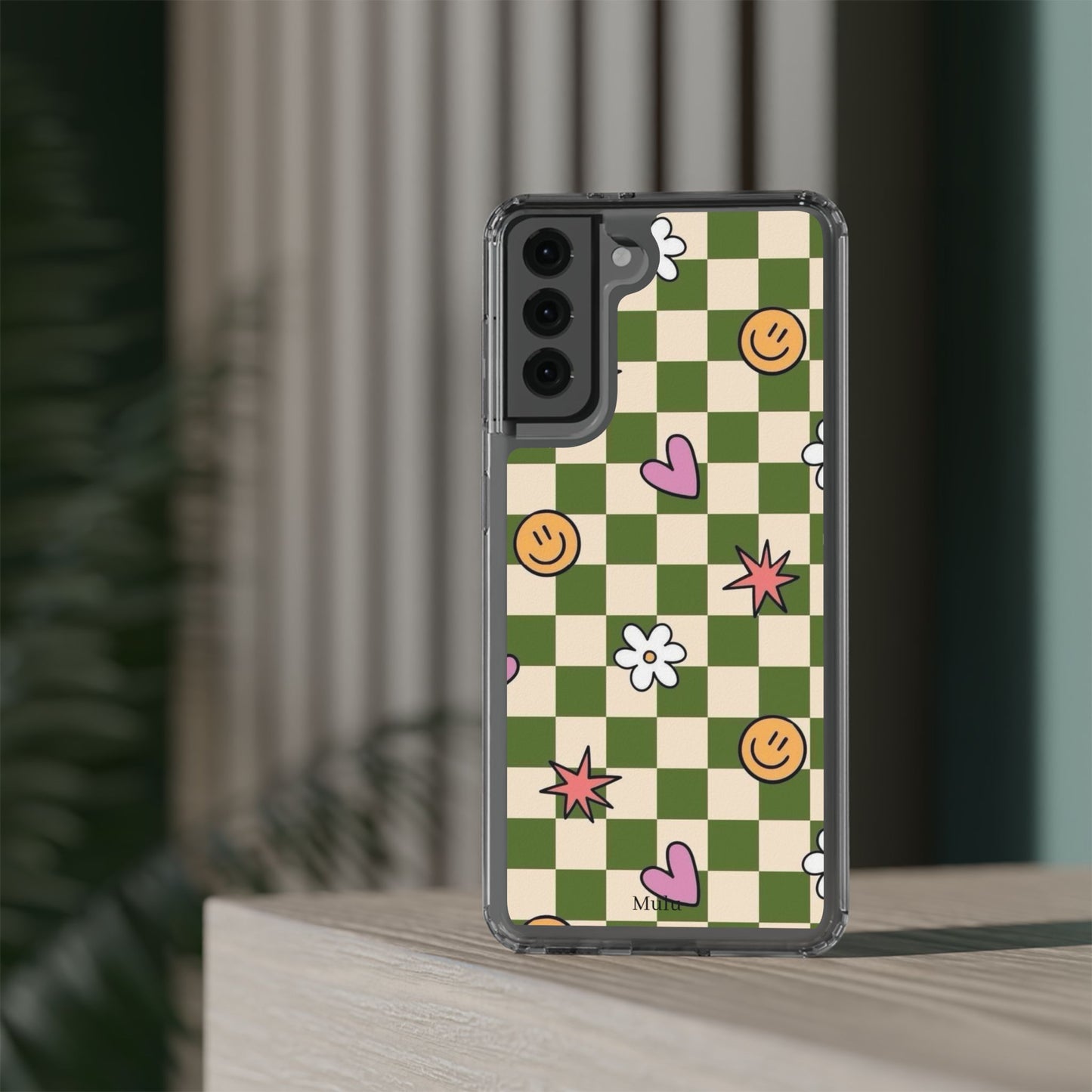 Clear Impact-Resistant Case — Retro Green Checkerboard with Smiley, Hearts & Flowers