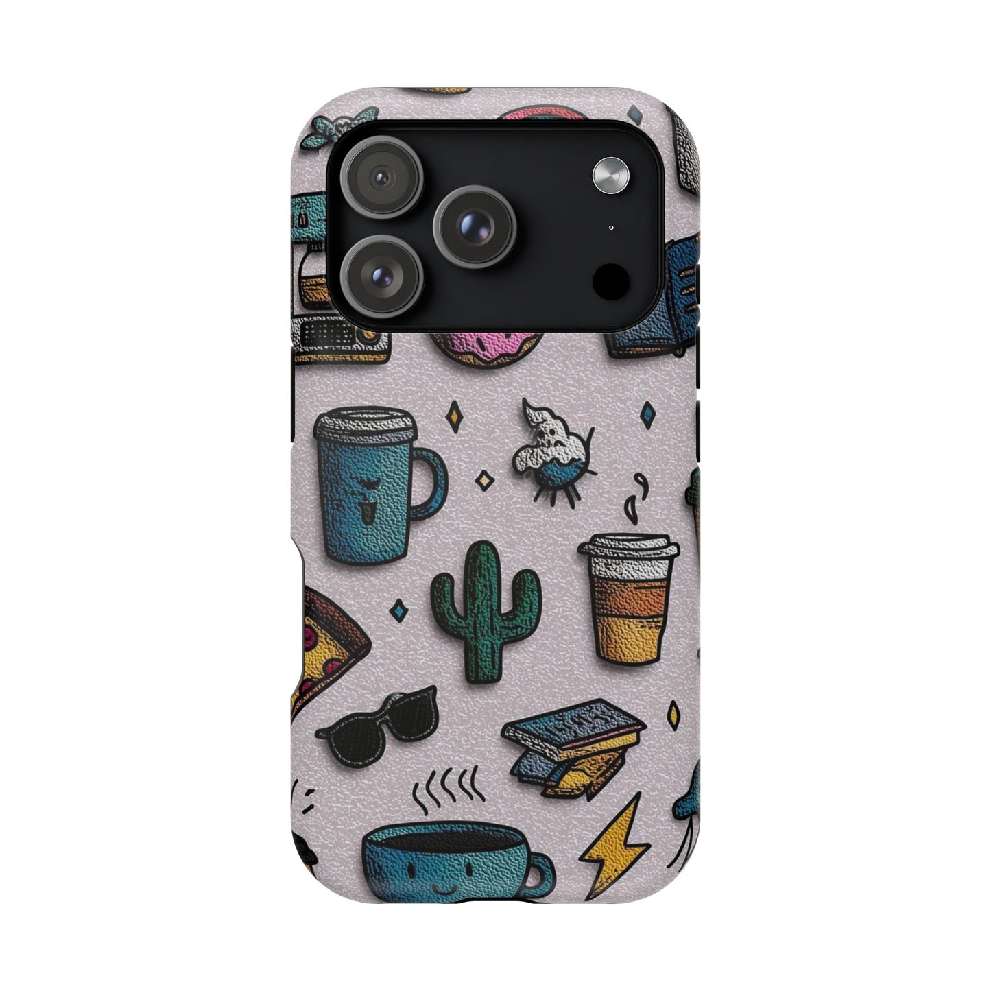 Cute Doodle Phone Case — Magnetic Impact-Resistant Design (coffee, rainbow, cactus)