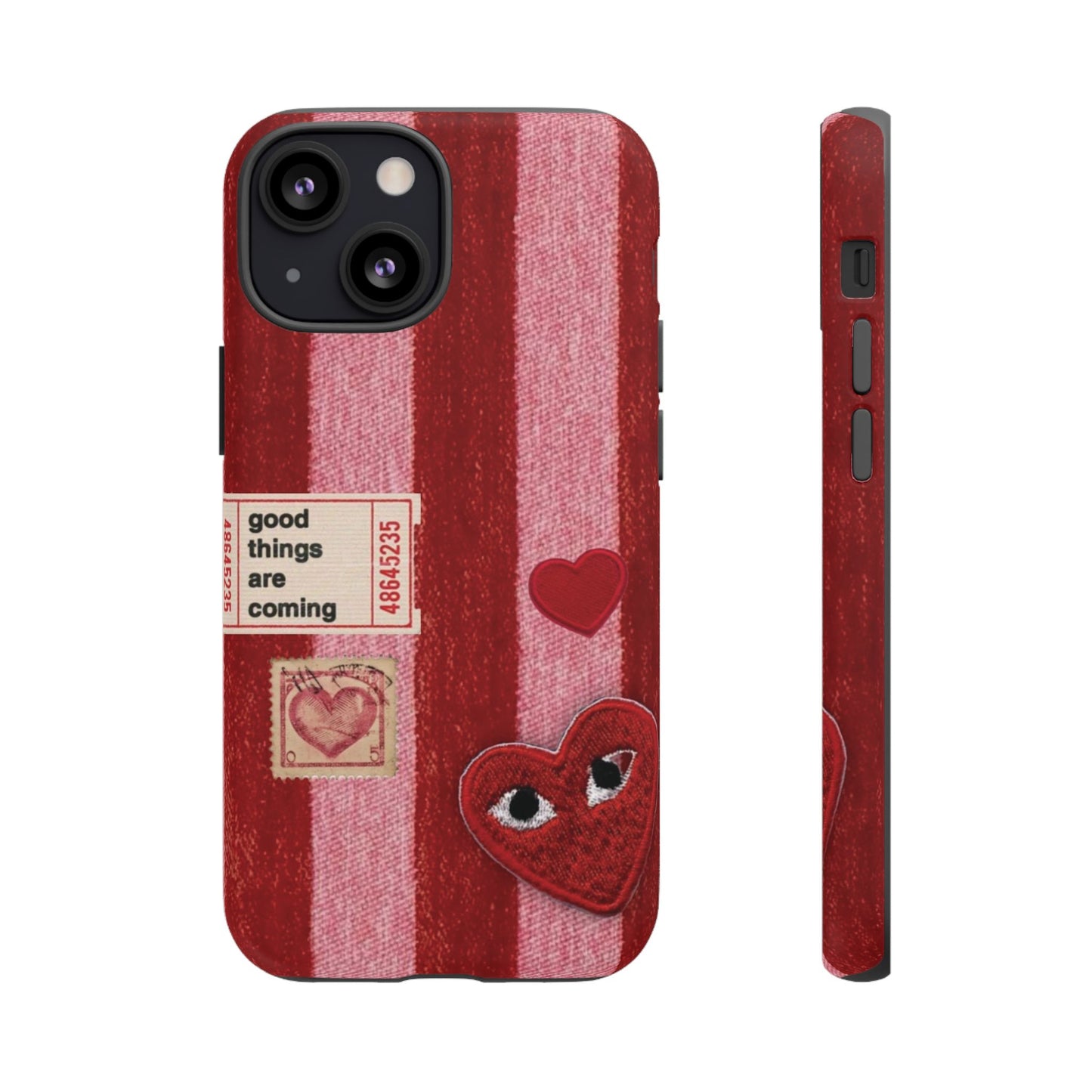 Phone Case — Red Striped Heart Design with “Good Things Are Coming”