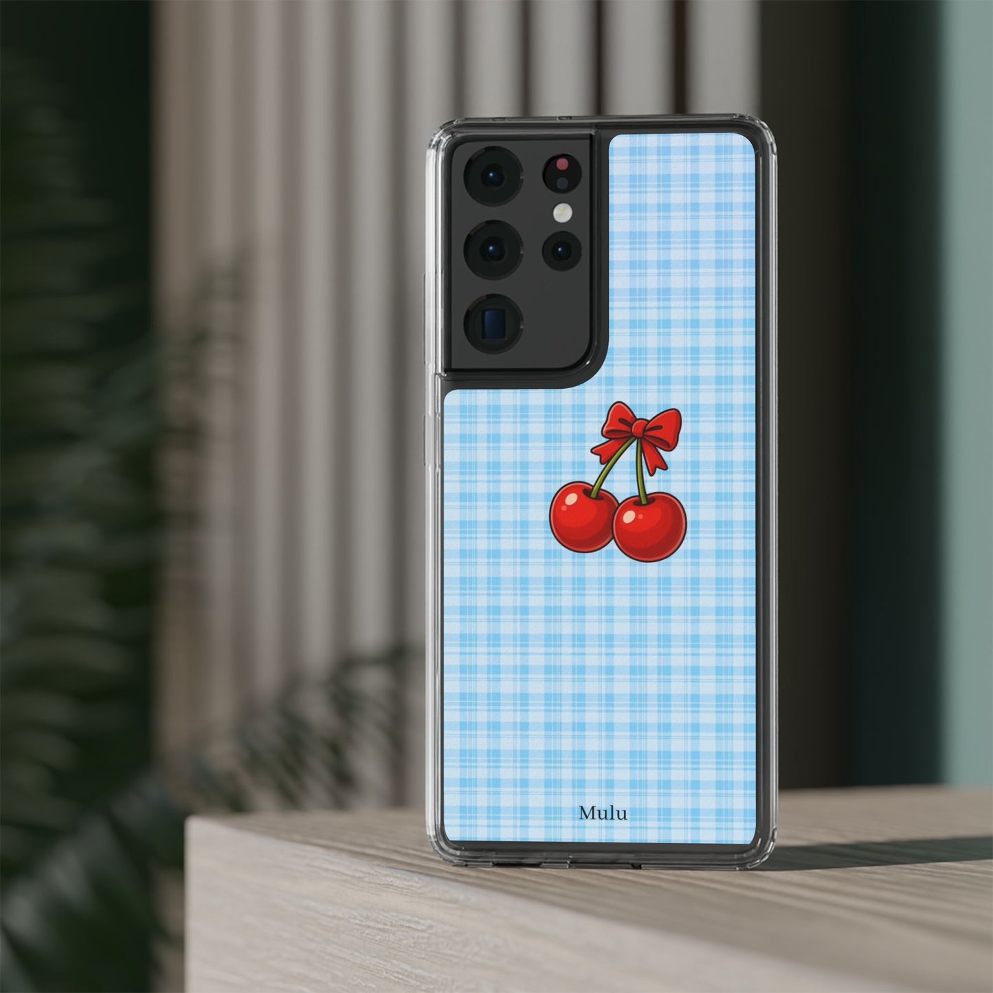 Clear Cherry Gingham Phone Case — Impact-Resistant Clear Case with Red Cherry Design