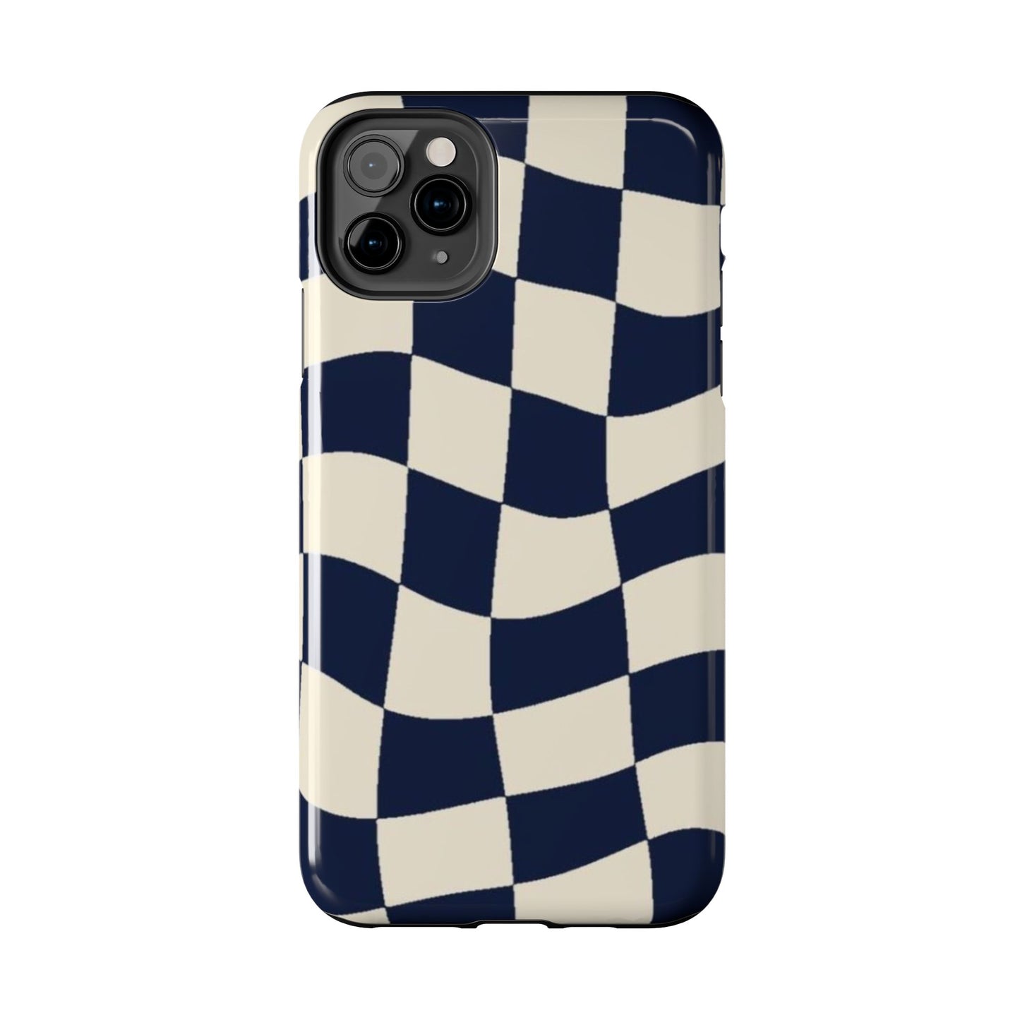 Wavy Checkerboard Tough Phone Case — Navy & Cream Protective Cover