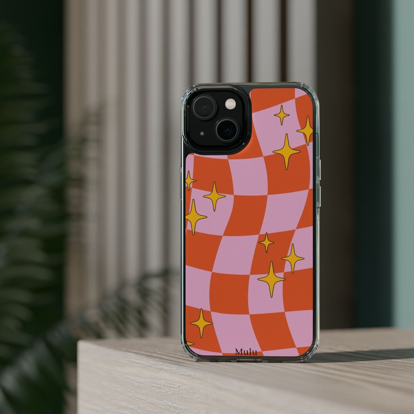 Clear Impact-Resistant Case — Retro Pink & Orange Checker with Sparkle Stars