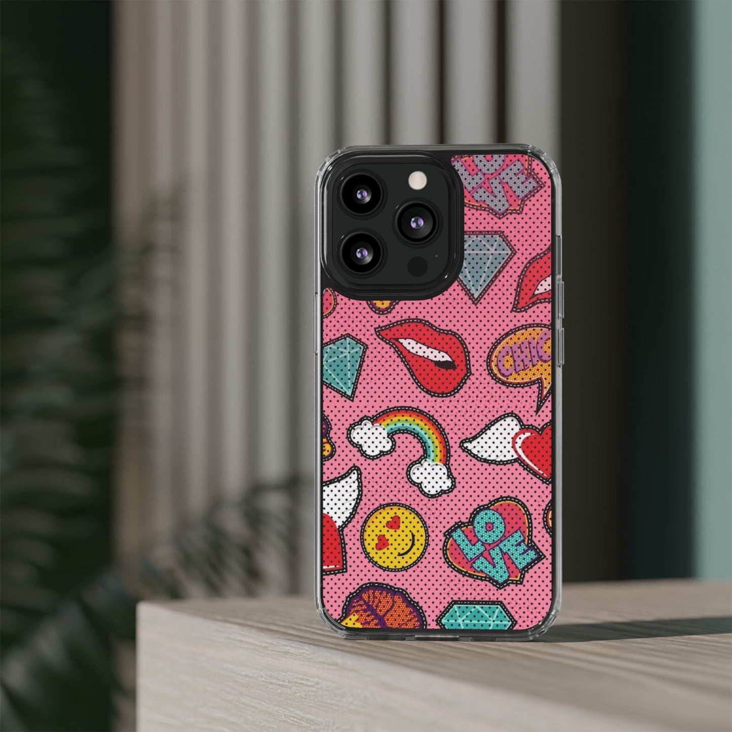 Clear Impact-Resistant Phone Case — Pink Pop Sticker Pattern (Hearts, Rainbows, Smileys)