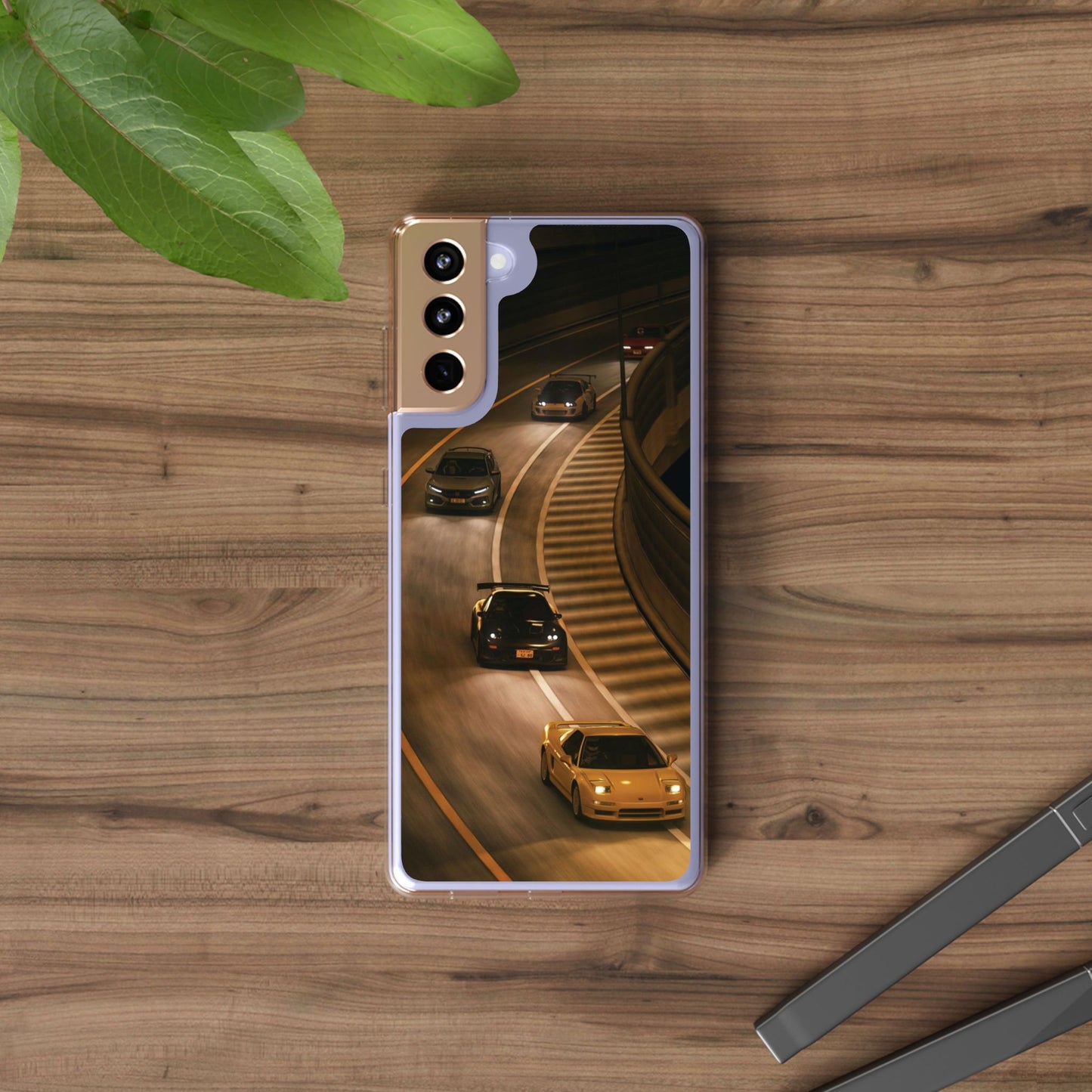 Racing Night Clear Phone Case – Sports Cars on Curved Highway