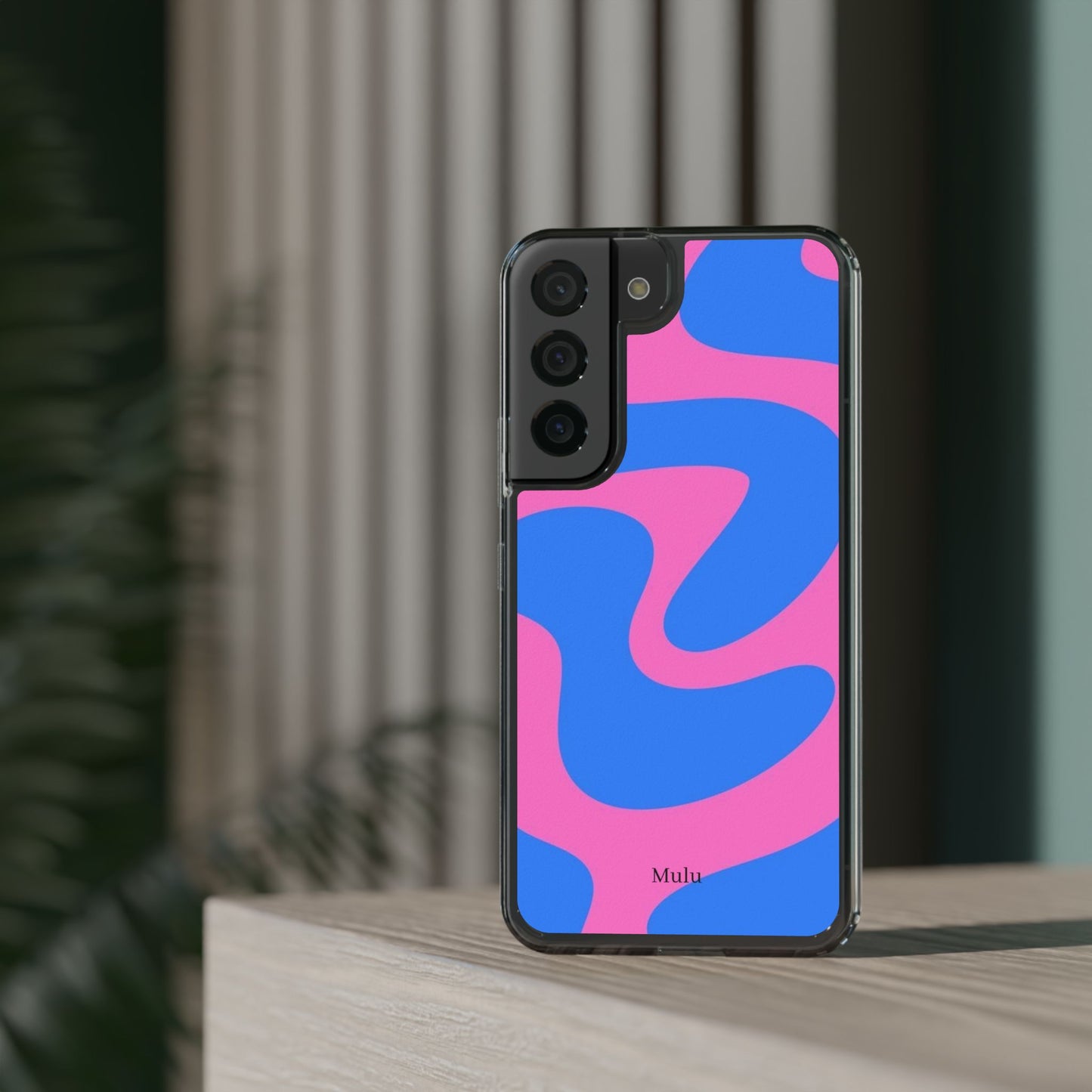 Clear Impact-Resistant Phone Case — Retro Blue & Pink Abstract Swirl