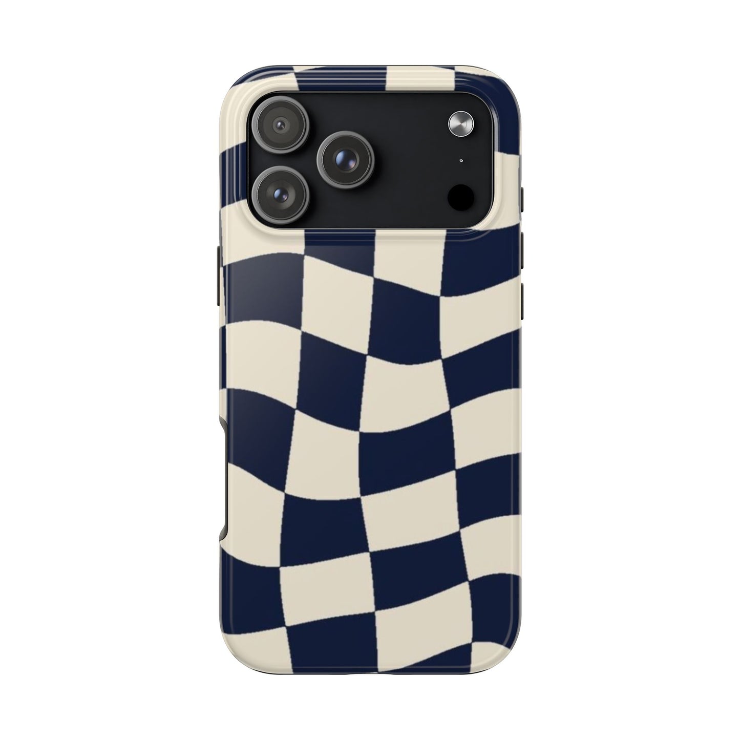 Wavy Checkerboard Tough Phone Case — Navy & Cream Protective Cover