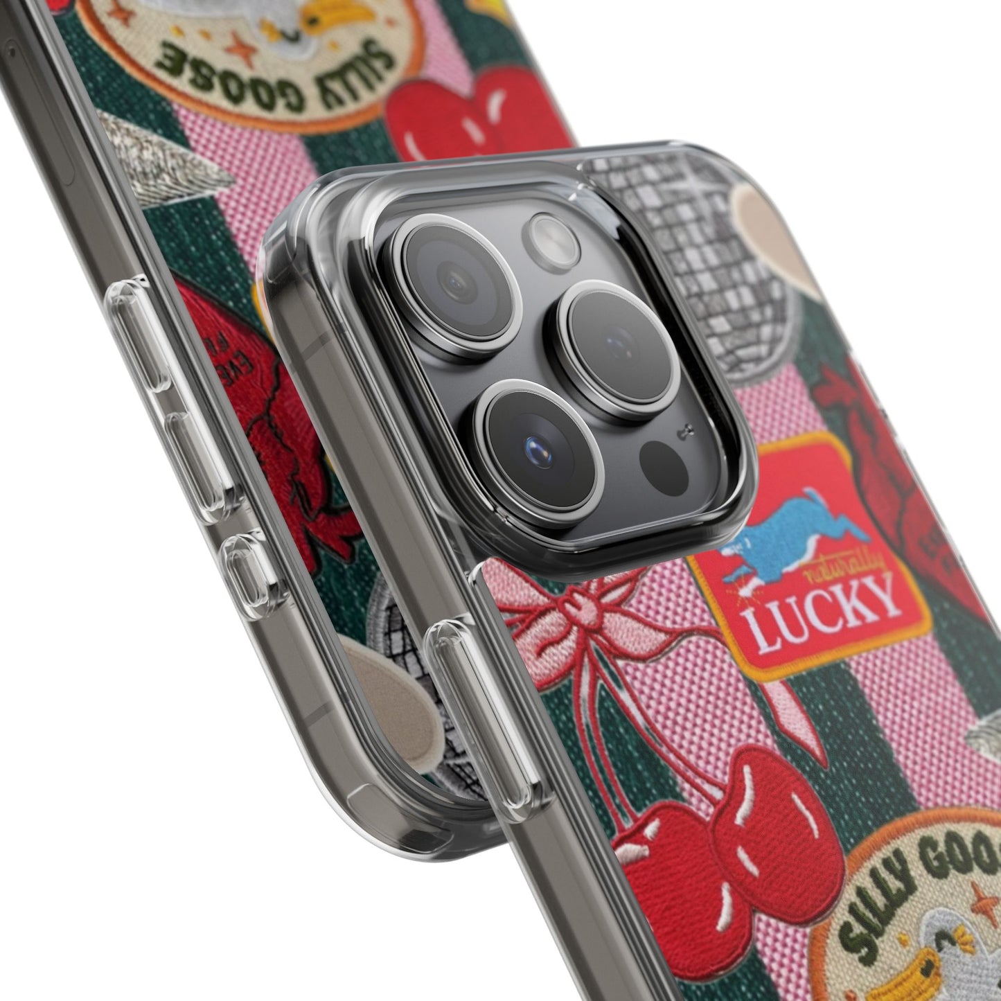 Clear Impact-Resistant Phone Case — Retro Patchwork Stickers (Lucky, Cherries, Silly Goose)