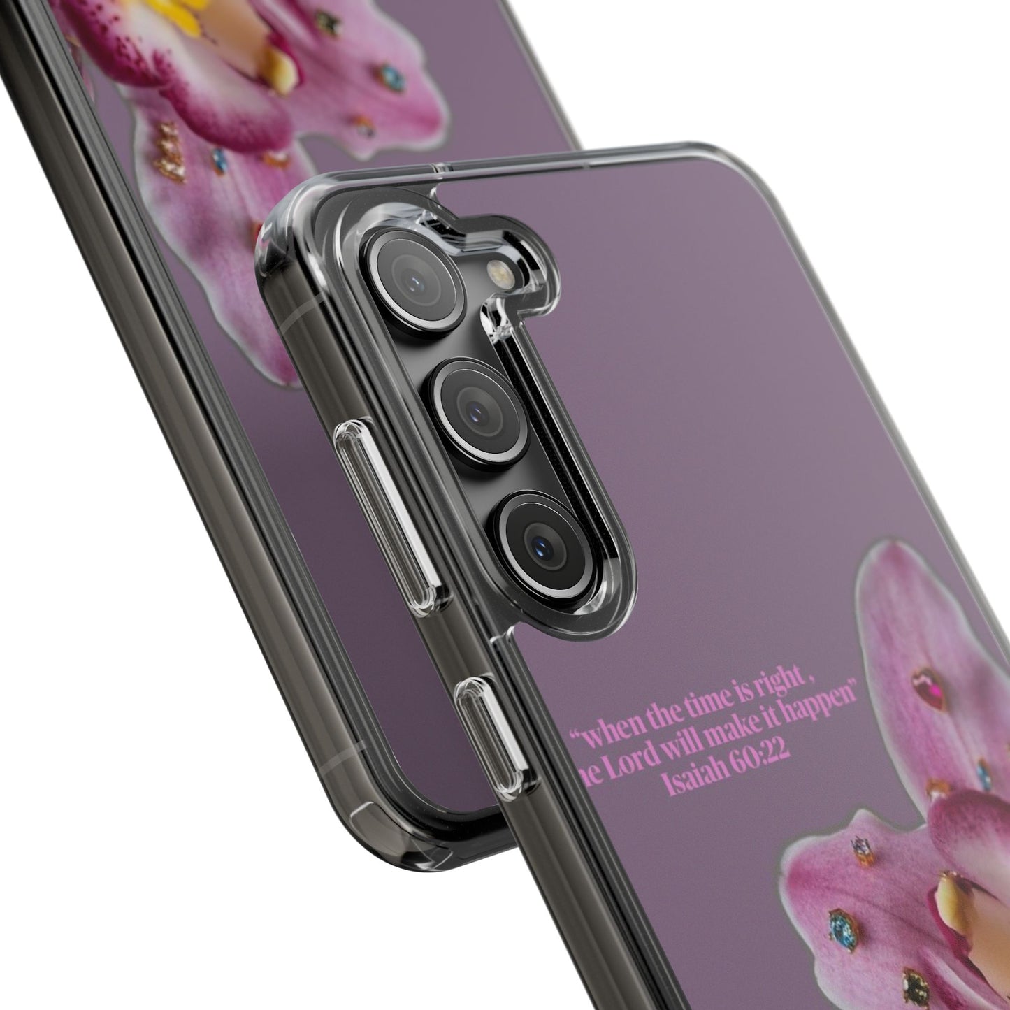 Clear Floral Impact-Resistant Phone Case — "When the time is right" Rose Orchid Design