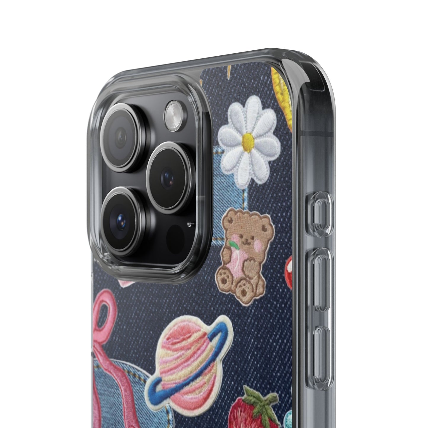 Clear Impact-Resistant Phone Case — Cute Denim Patch Collage (Teddy, Strawberry, Planet)