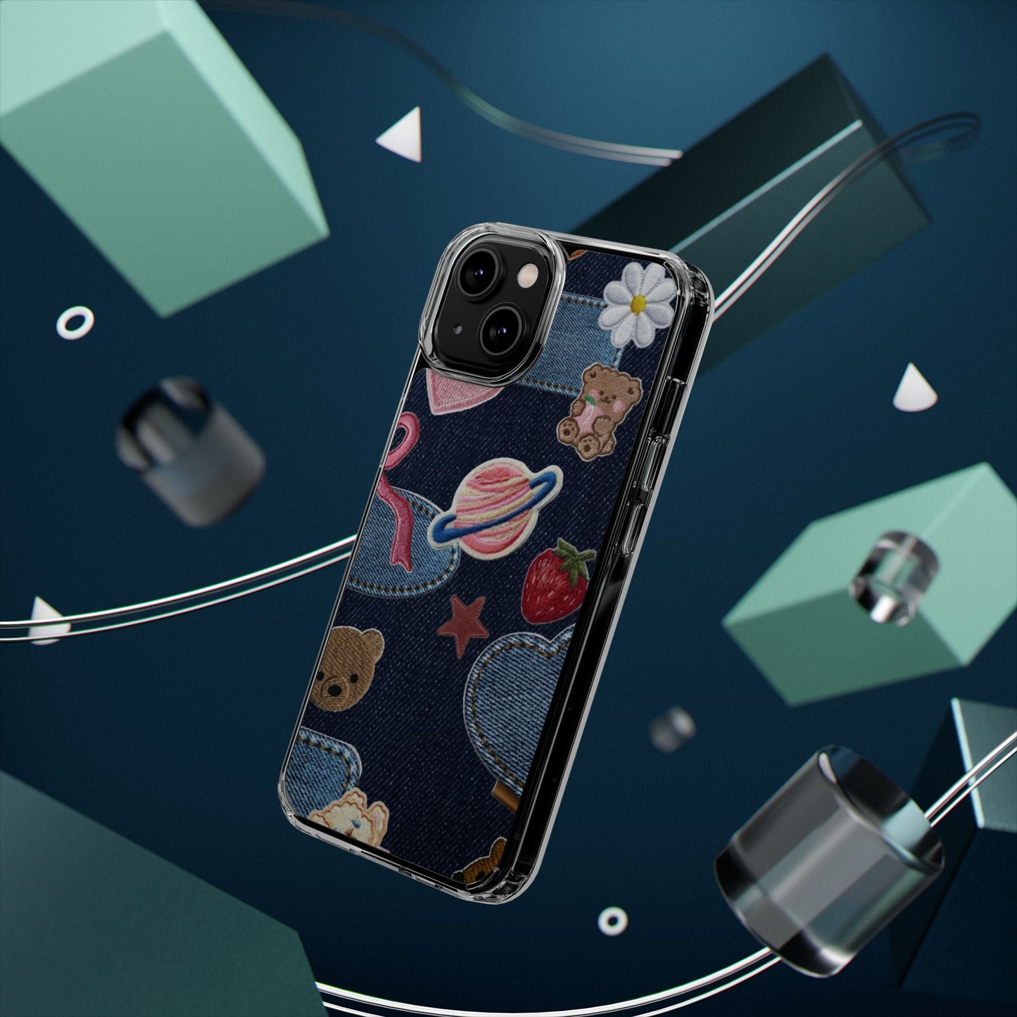 Clear Impact-Resistant Phone Case — Cute Denim Patch Collage (Teddy, Strawberry, Planet)