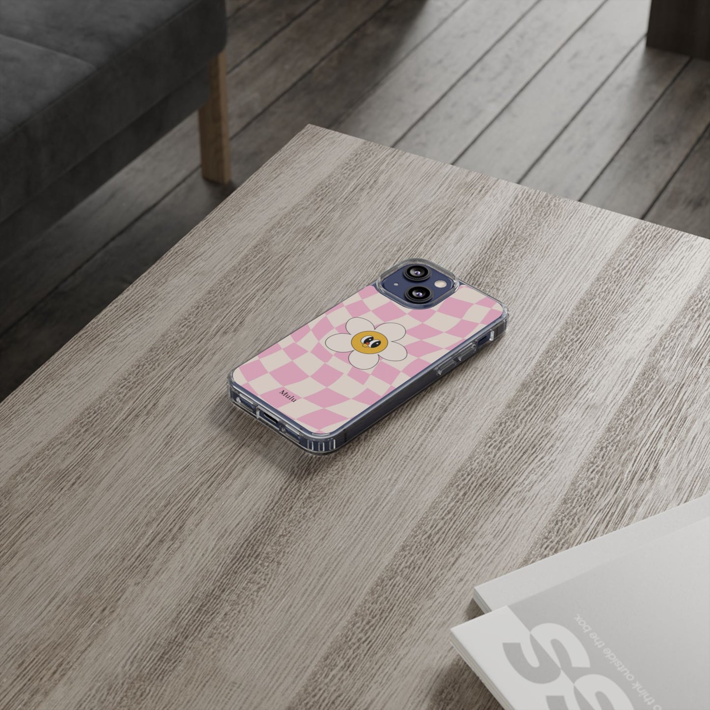Clear Impact-Resistant Phone Case — Pink Checkerboard Daisy Design