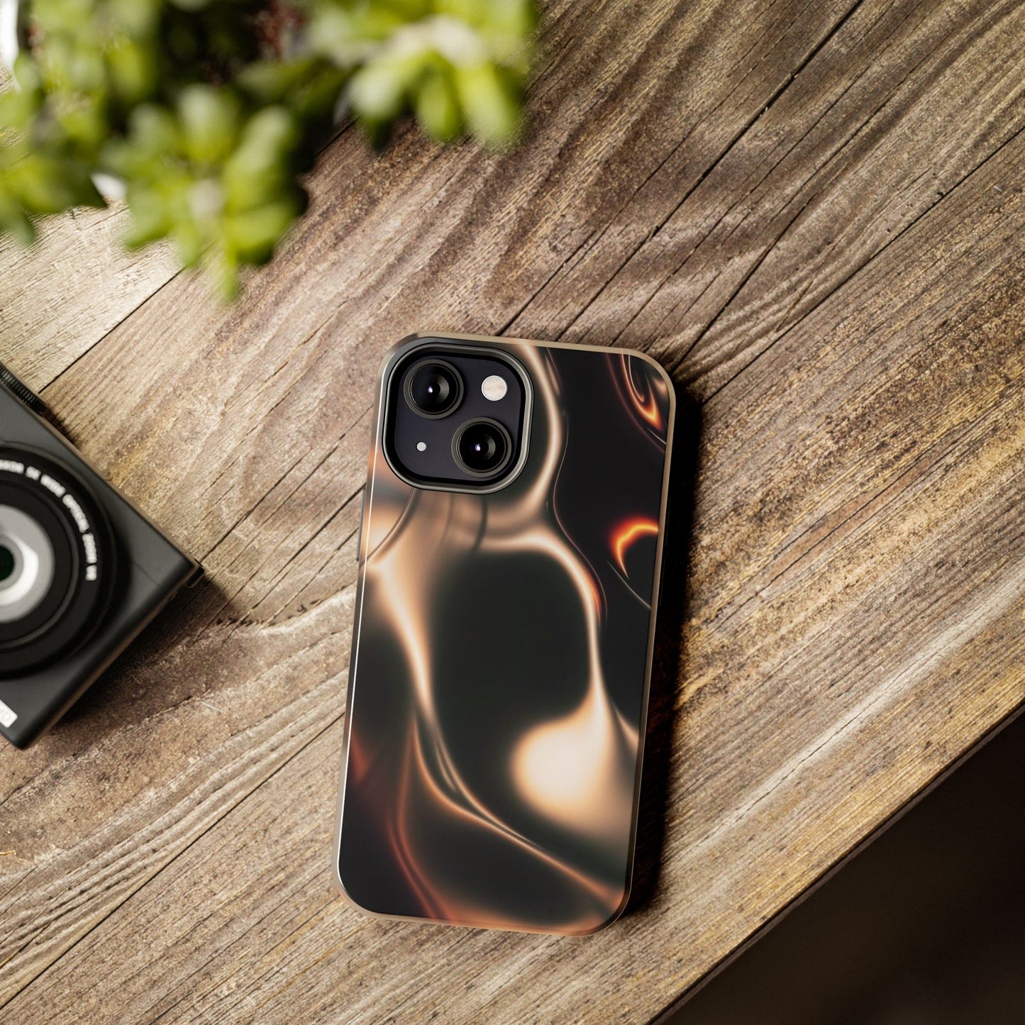 Abstract Liquid Glow Tough Phone Case — Black & Bronze Swirl Protective Cover