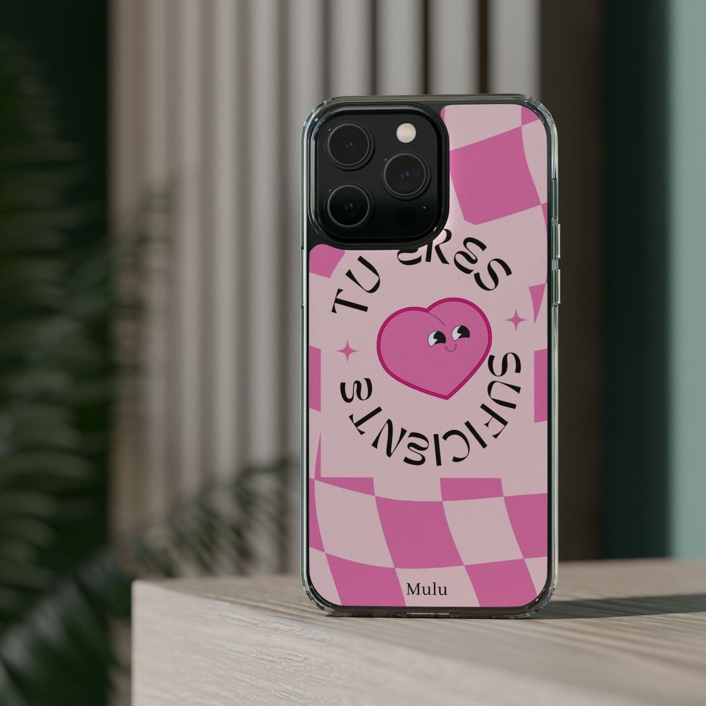 Clear Impact-Resistant Phone Case — Pink Checkerheart “Tu Eres Suficiente” Design