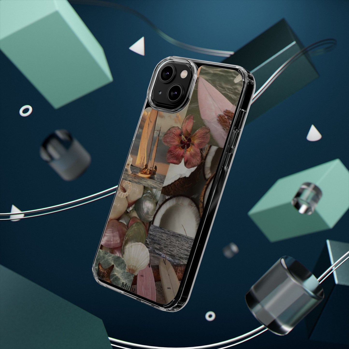 Clear Phone Case — Coastal Collage Shells & Surf Design