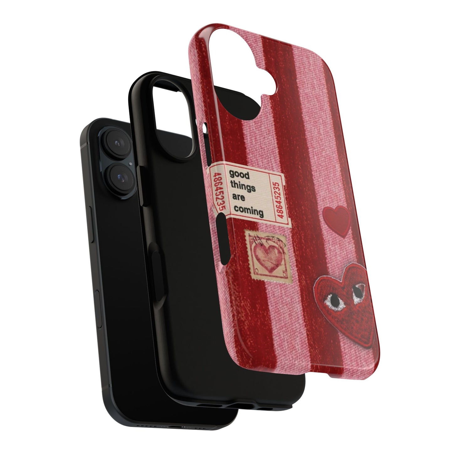 Phone Case — Red Striped Heart Design with “Good Things Are Coming”