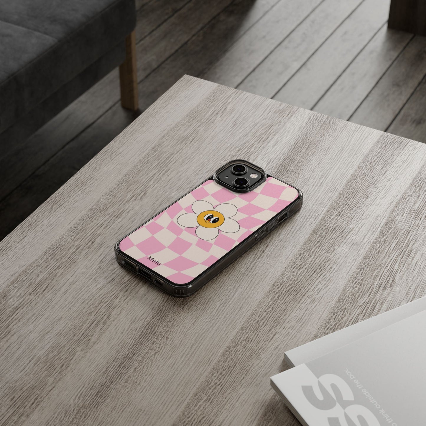 Clear Impact-Resistant Phone Case — Pink Checkerboard Daisy Design