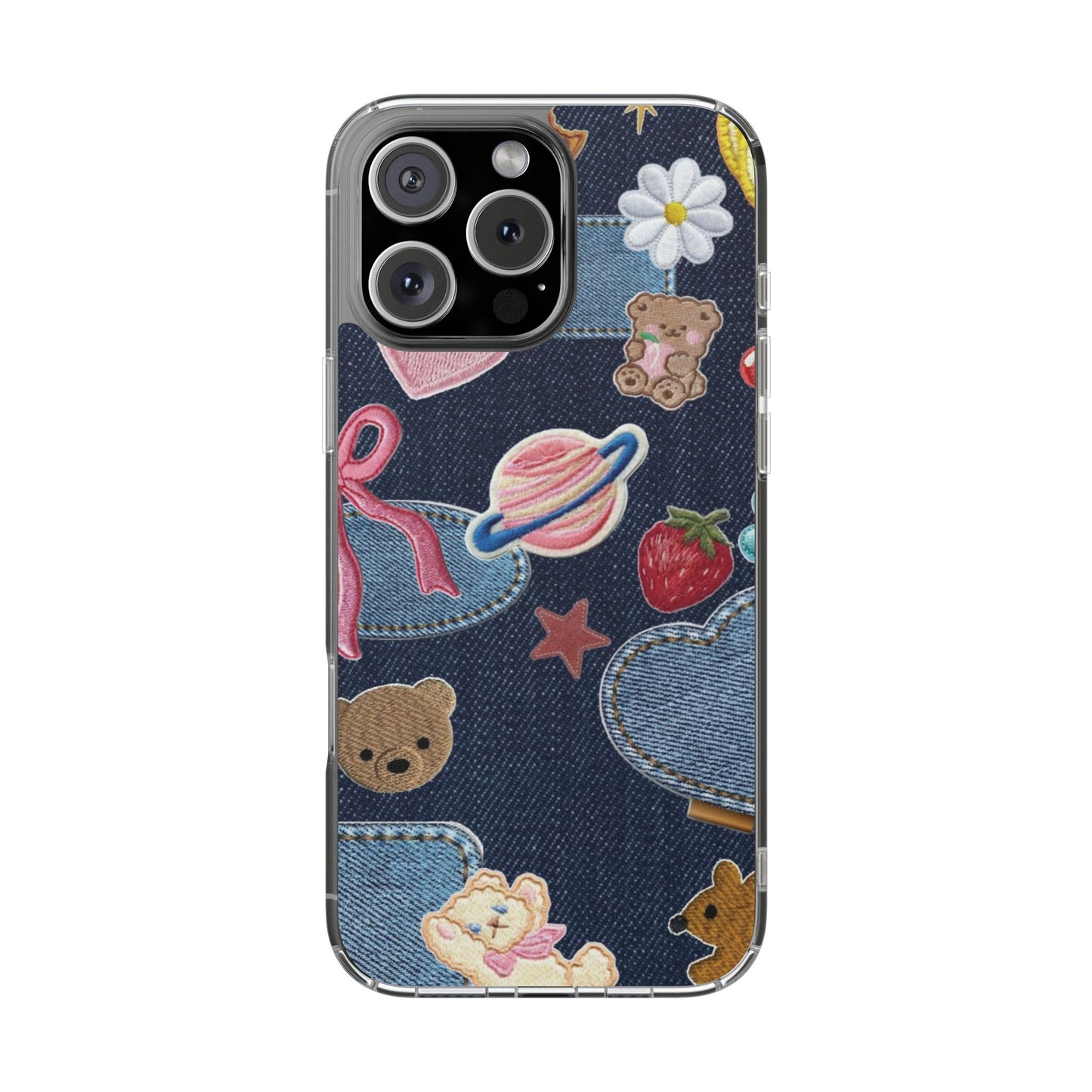 Clear Impact-Resistant Phone Case — Cute Denim Patch Collage (Teddy, Strawberry, Planet)
