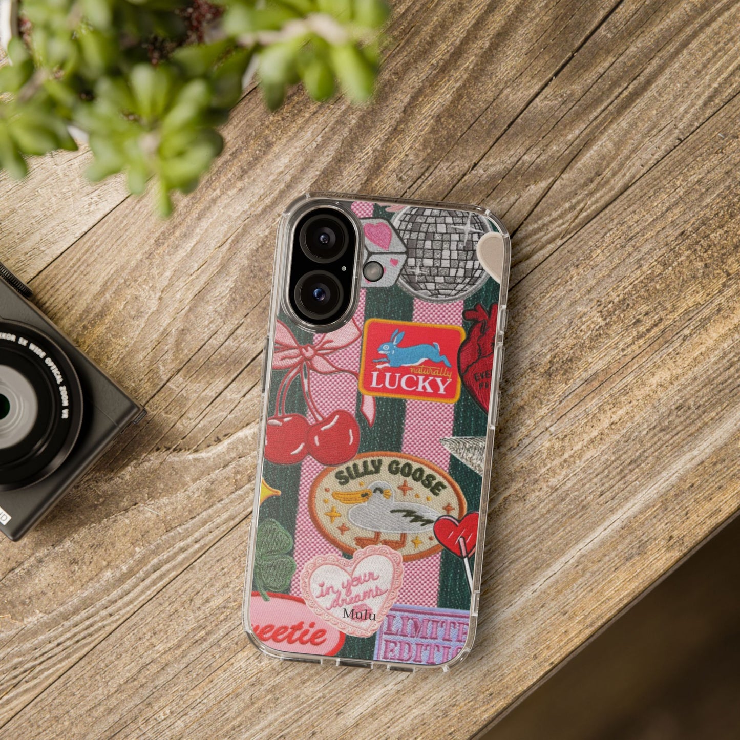 Clear Impact-Resistant Phone Case — Retro Patchwork Stickers (Lucky, Cherries, Silly Goose)