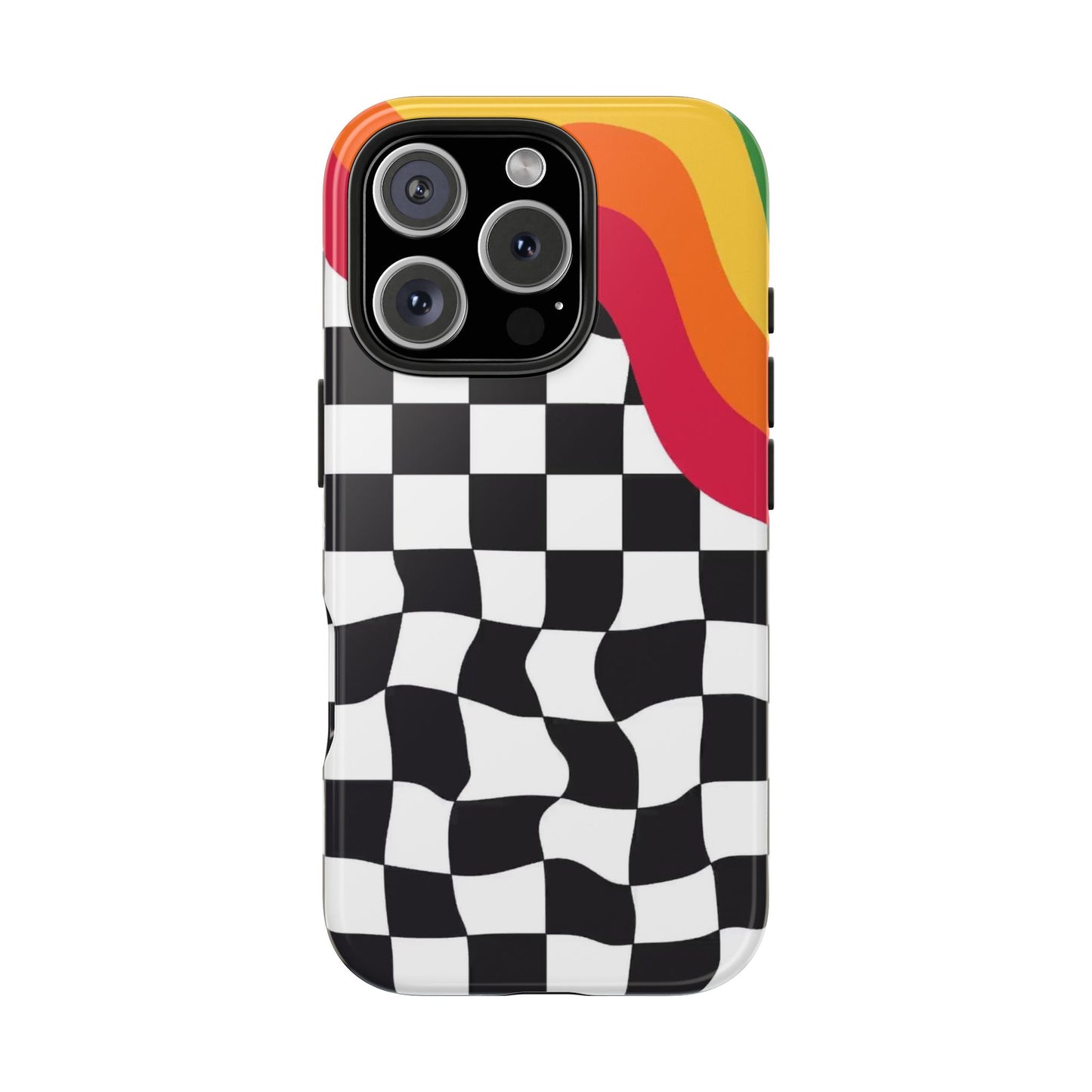 Retro Wavy Checkerboard Tough Phone Case — Rainbow Surf Skate Design