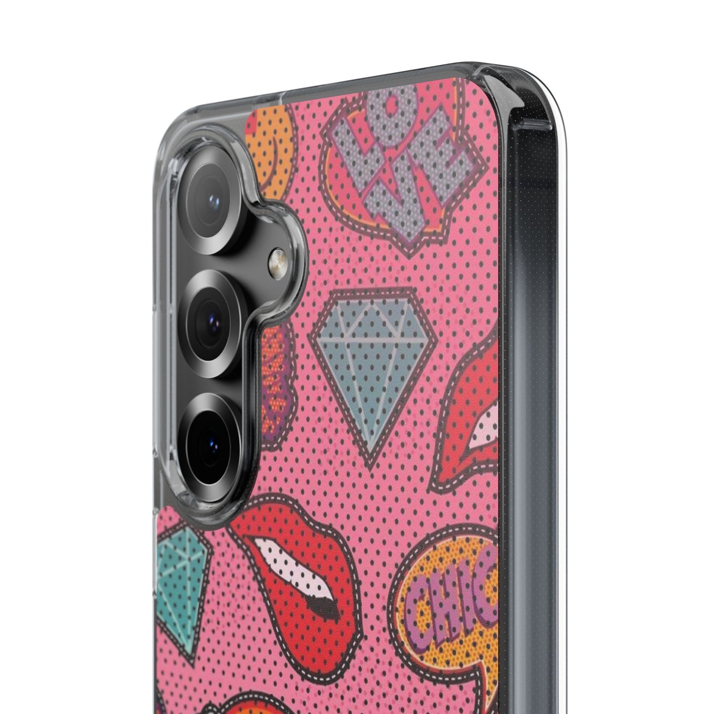 Clear Impact-Resistant Phone Case — Pink Pop Sticker Pattern (Hearts, Rainbows, Smileys)
