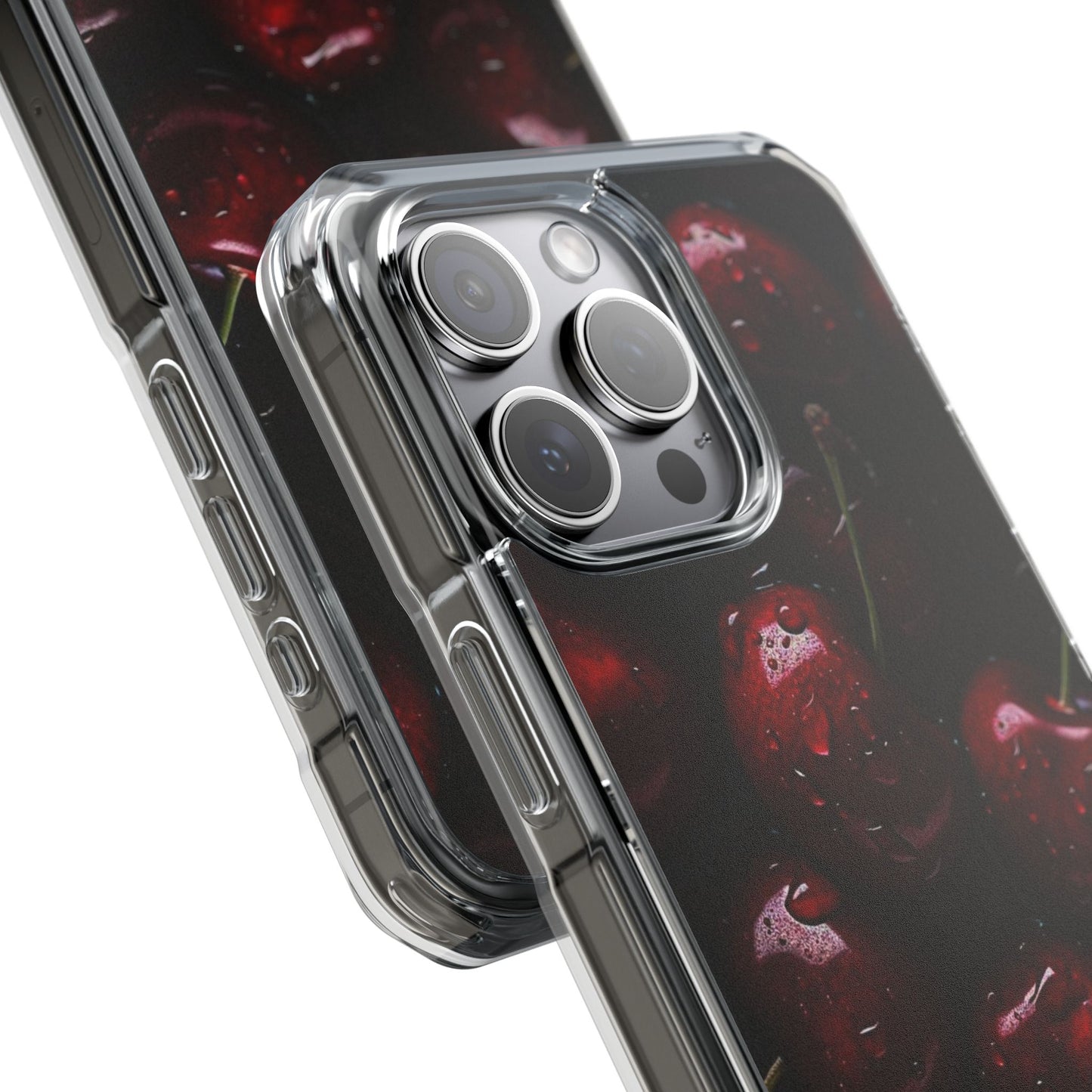 Cherry Pattern Clear Magnetic Phone Case — Dark Red Fruit Design