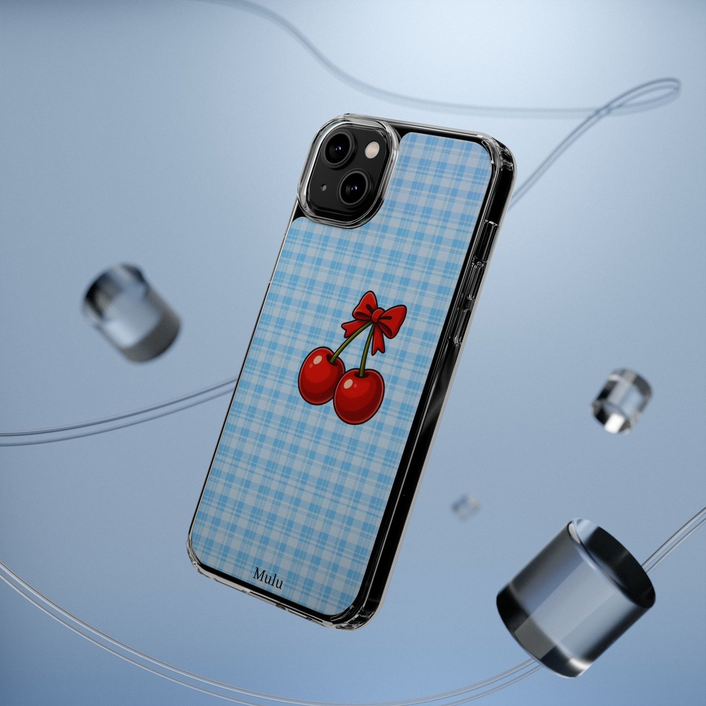 Clear Cherry Gingham Phone Case — Impact-Resistant Clear Case with Red Cherry Design