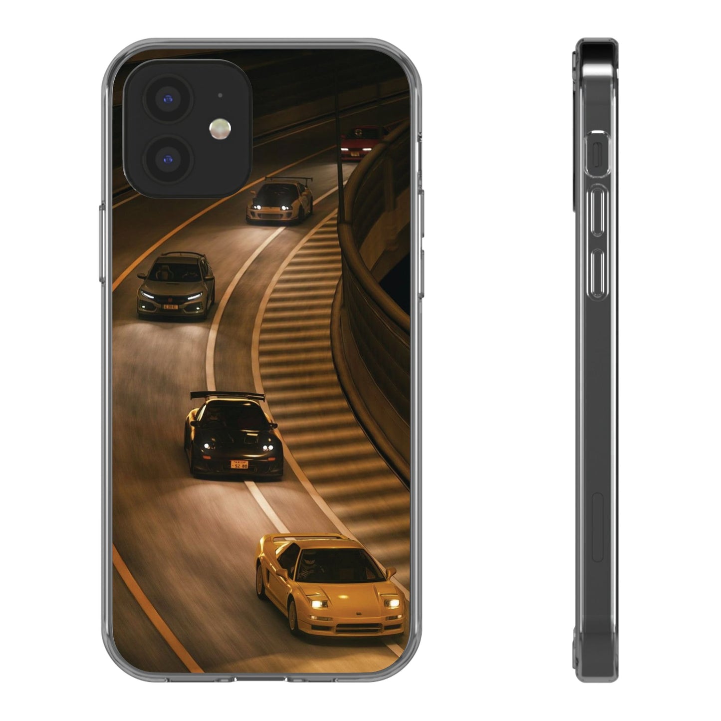 Racing Night Clear Phone Case – Sports Cars on Curved Highway