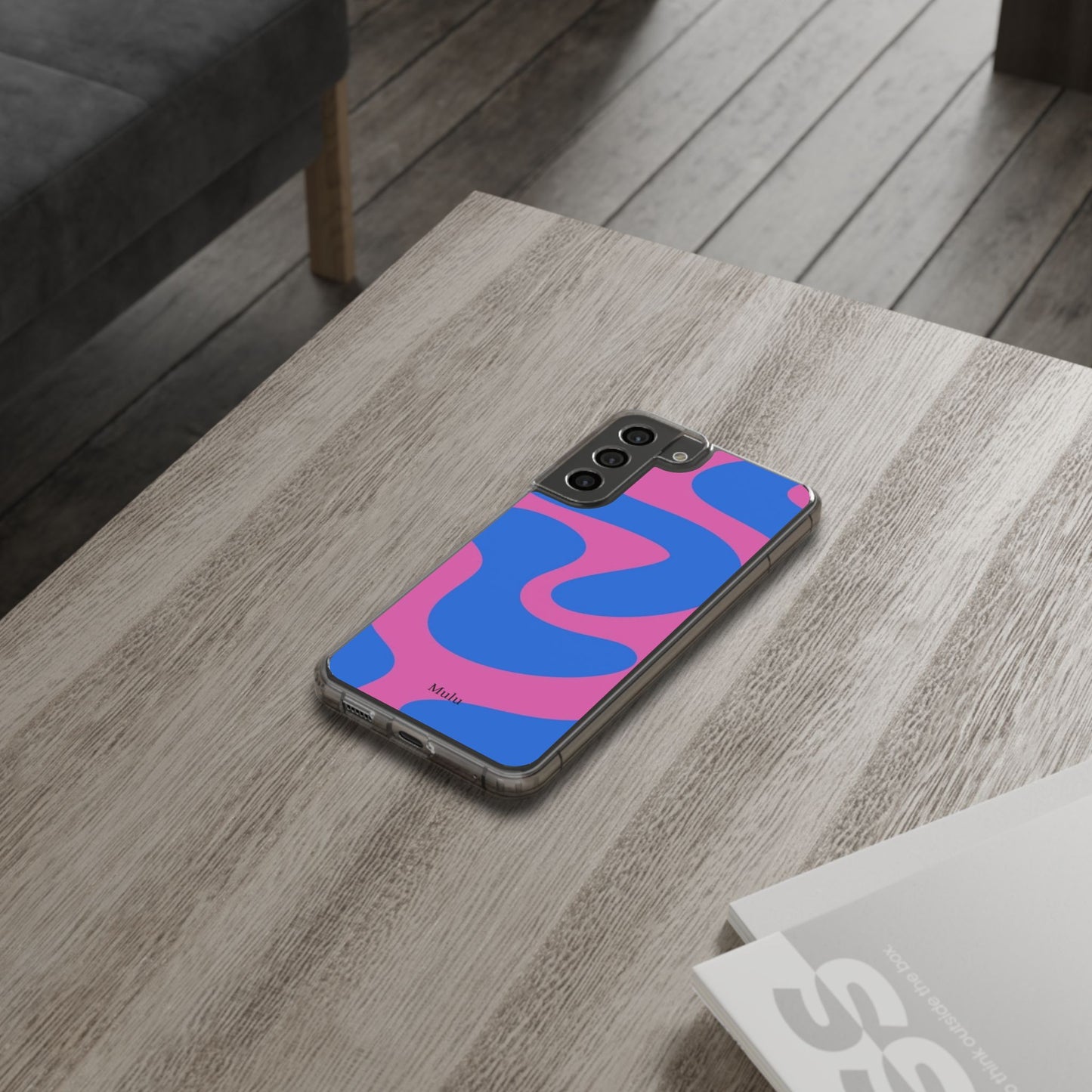 Clear Impact-Resistant Phone Case — Retro Blue & Pink Abstract Swirl