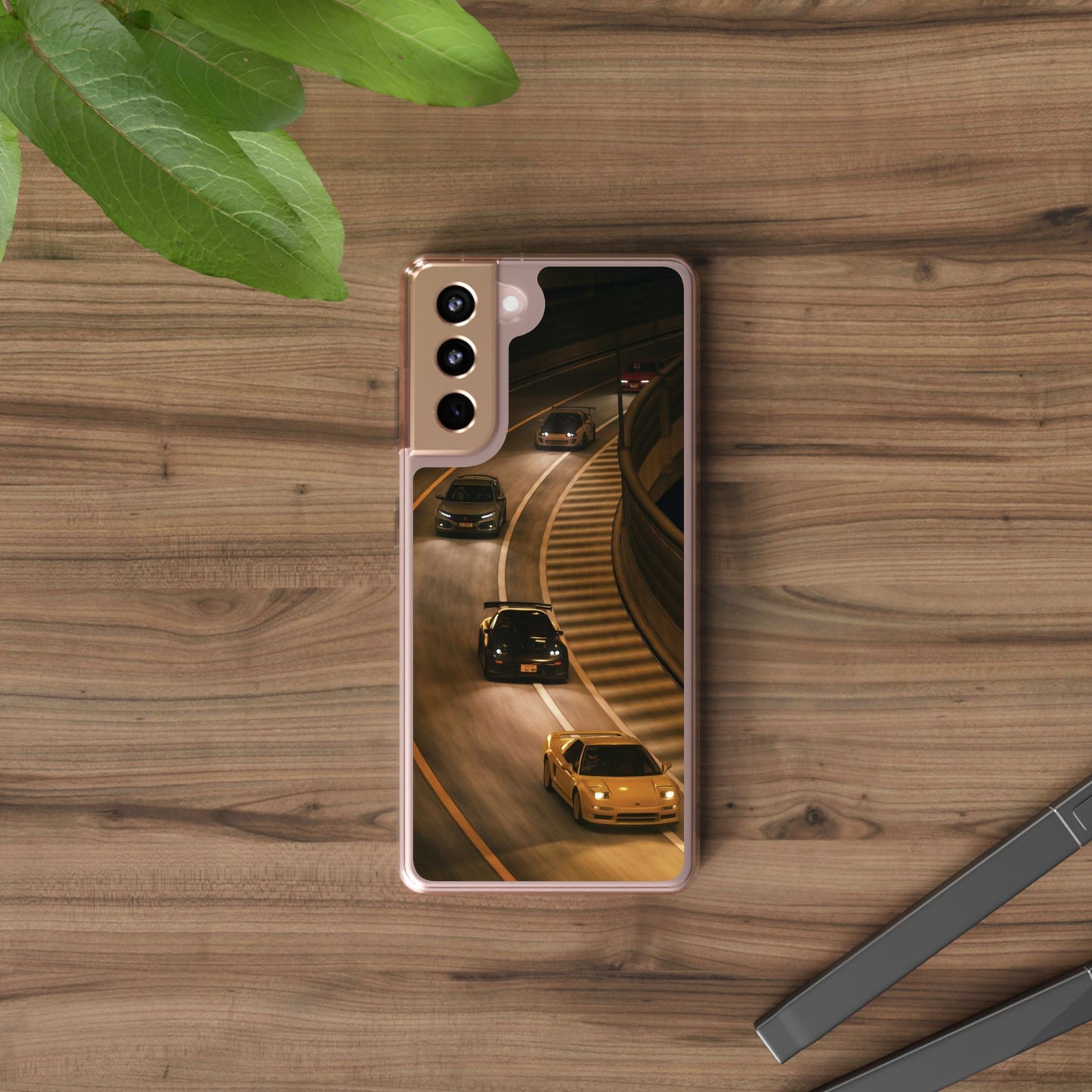 Racing Night Clear Phone Case – Sports Cars on Curved Highway