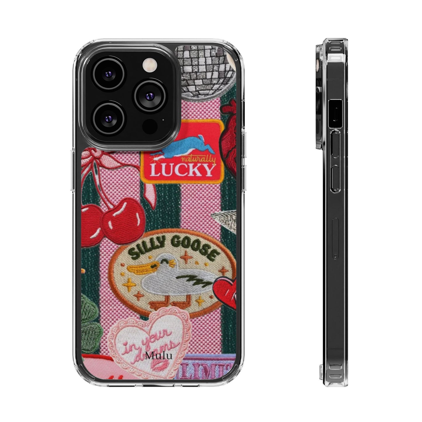 Clear Impact-Resistant Phone Case — Retro Patchwork Stickers (Lucky, Cherries, Silly Goose)