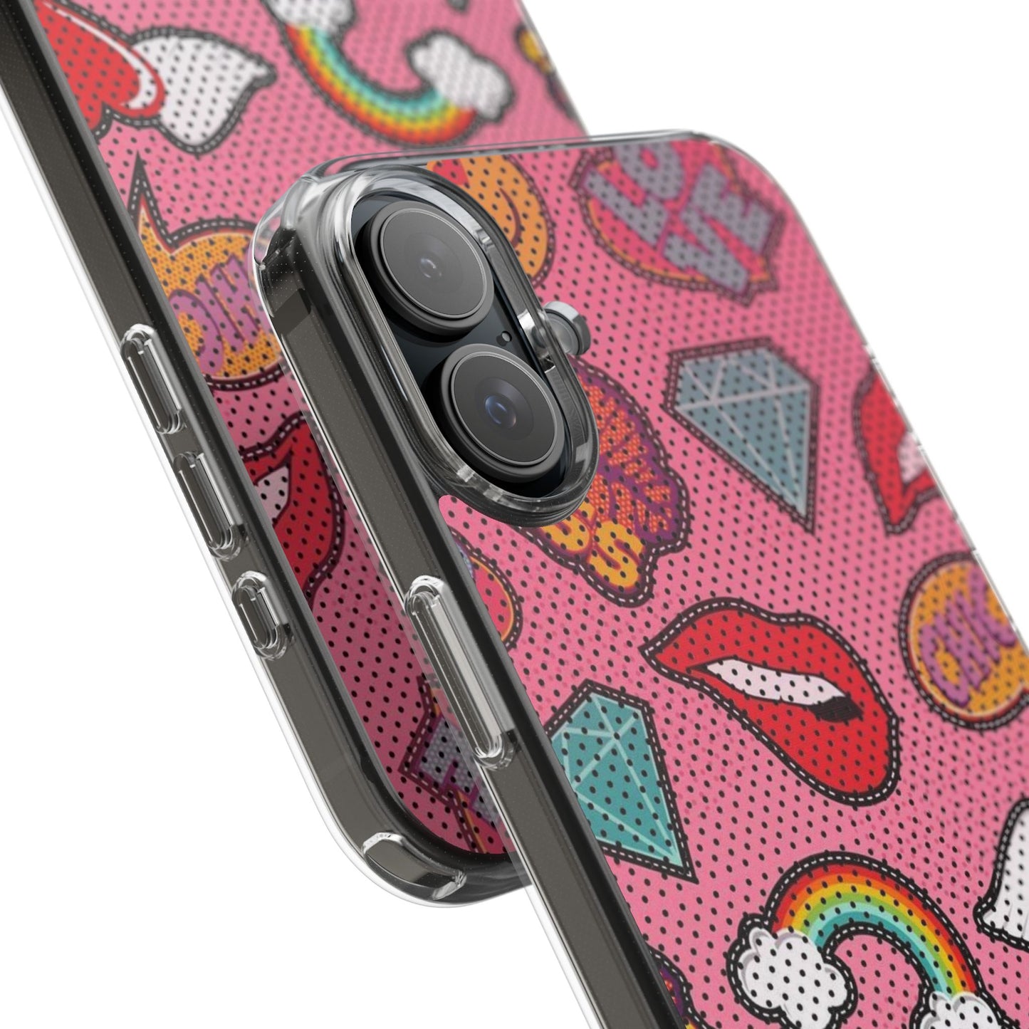 Clear Impact-Resistant Phone Case — Pink Pop Sticker Pattern (Hearts, Rainbows, Smileys)
