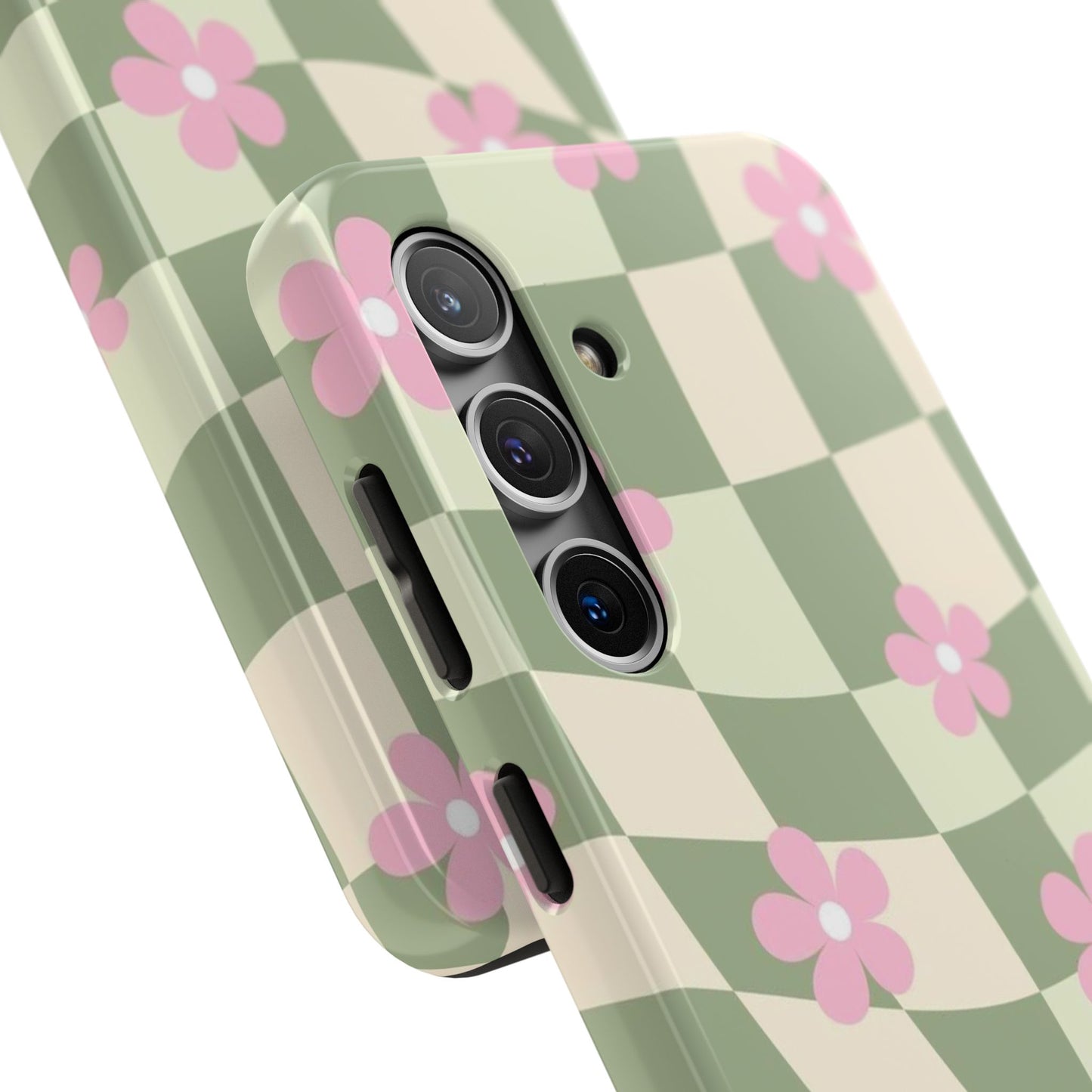 Tough Phone Case — Retro Green Checkerboard with Pink Flowers