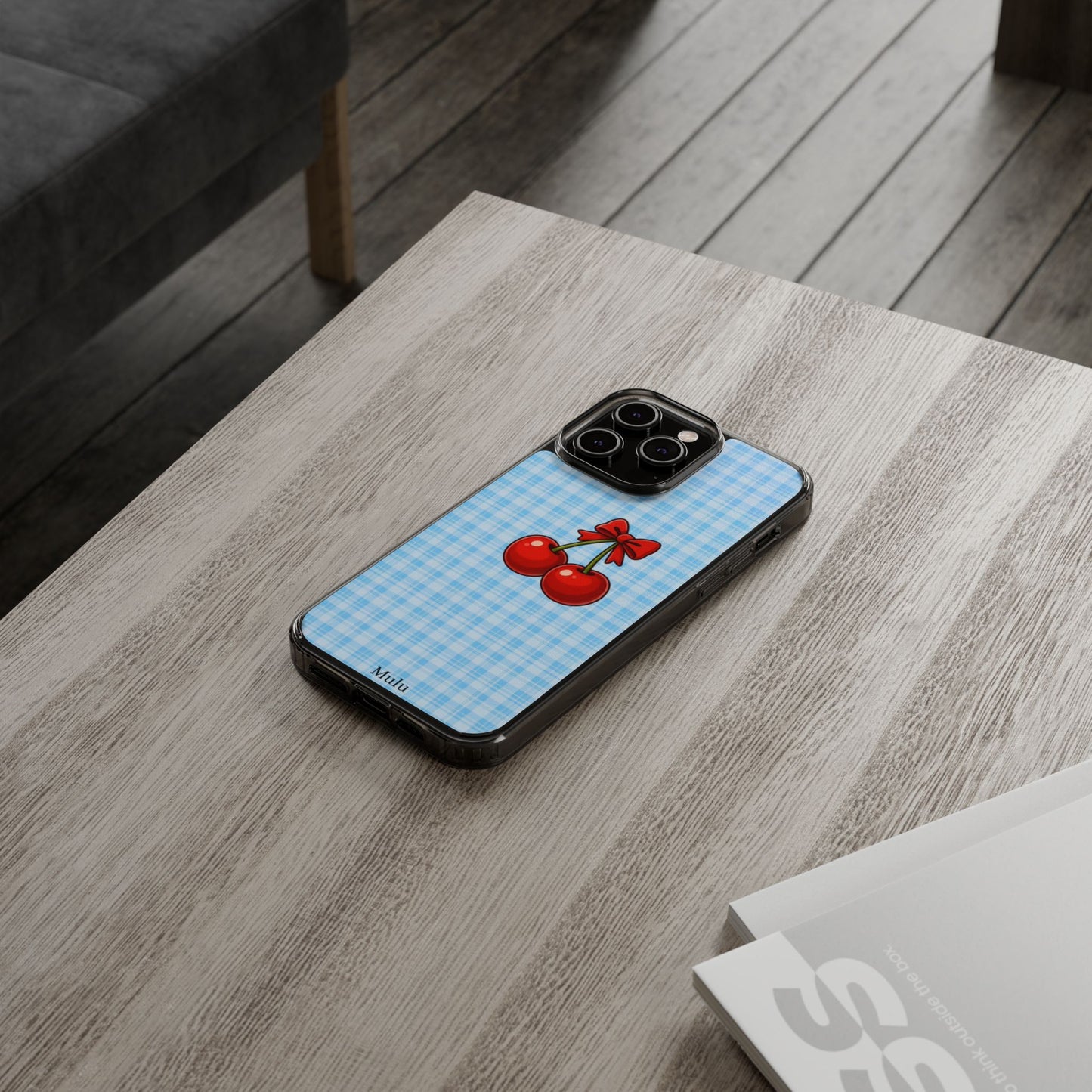 Clear Cherry Gingham Phone Case — Impact-Resistant Clear Case with Red Cherry Design