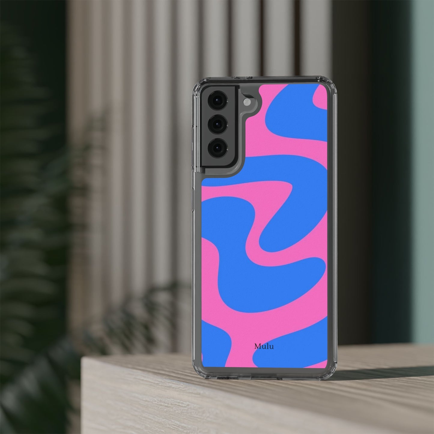 Clear Impact-Resistant Phone Case — Retro Blue & Pink Abstract Swirl